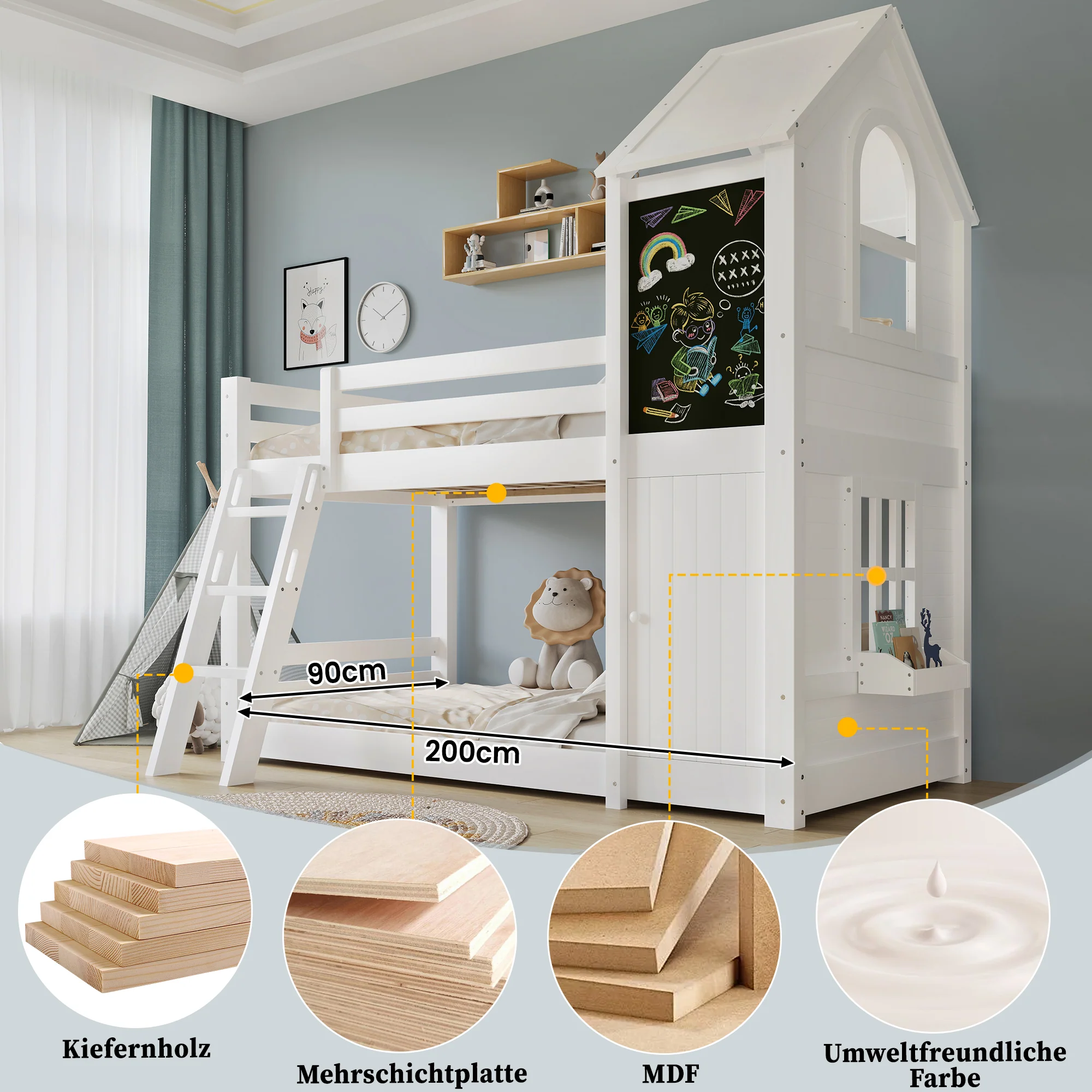 Bunk Bed 90x200cm House Design Chalkboard Door Slanted Ladder - White - Image 9