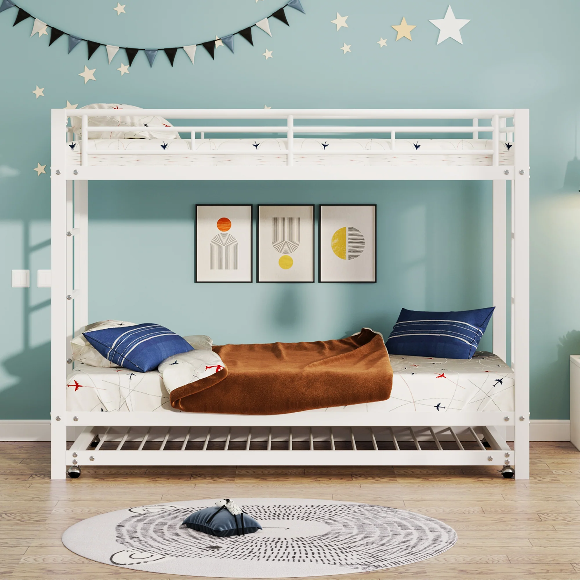 Bunk Bed 90x200cm Pull-out Bed High Railings - White - Image 2