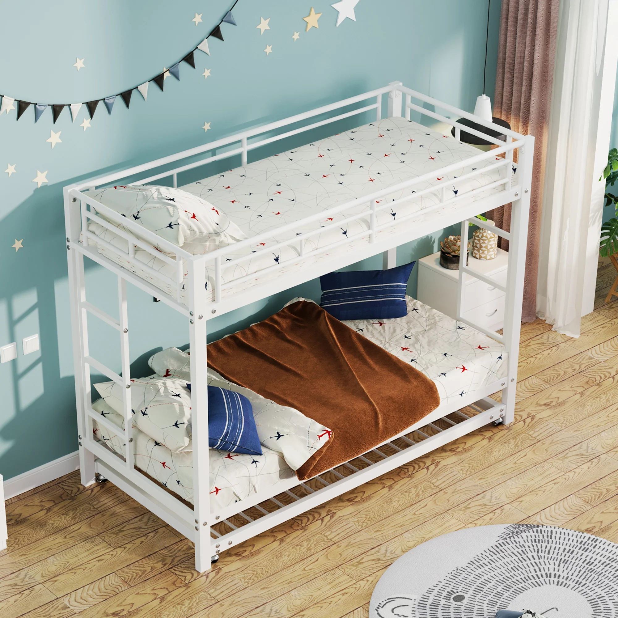 Bunk Bed 90x200cm Pull-out Bed High Railings - White - Image 3