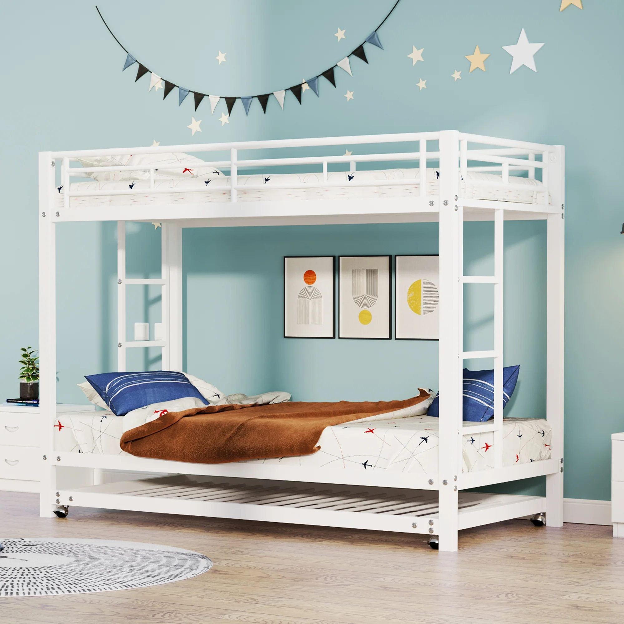 Bunk Bed 90x200cm Pull-out Bed High Railings - White - Image 4