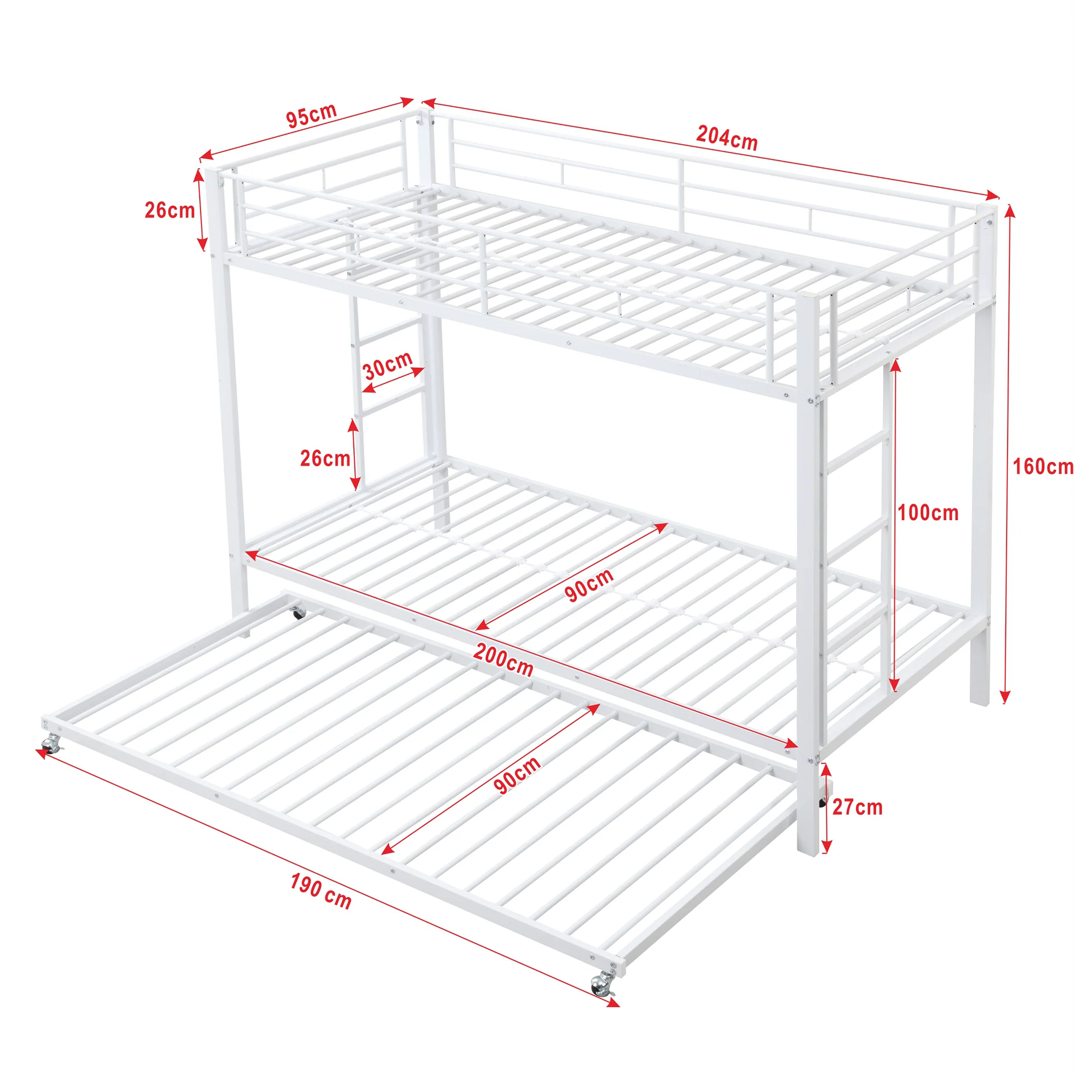 Bunk Bed 90x200cm Pull-out Bed High Railings - White - Image 6