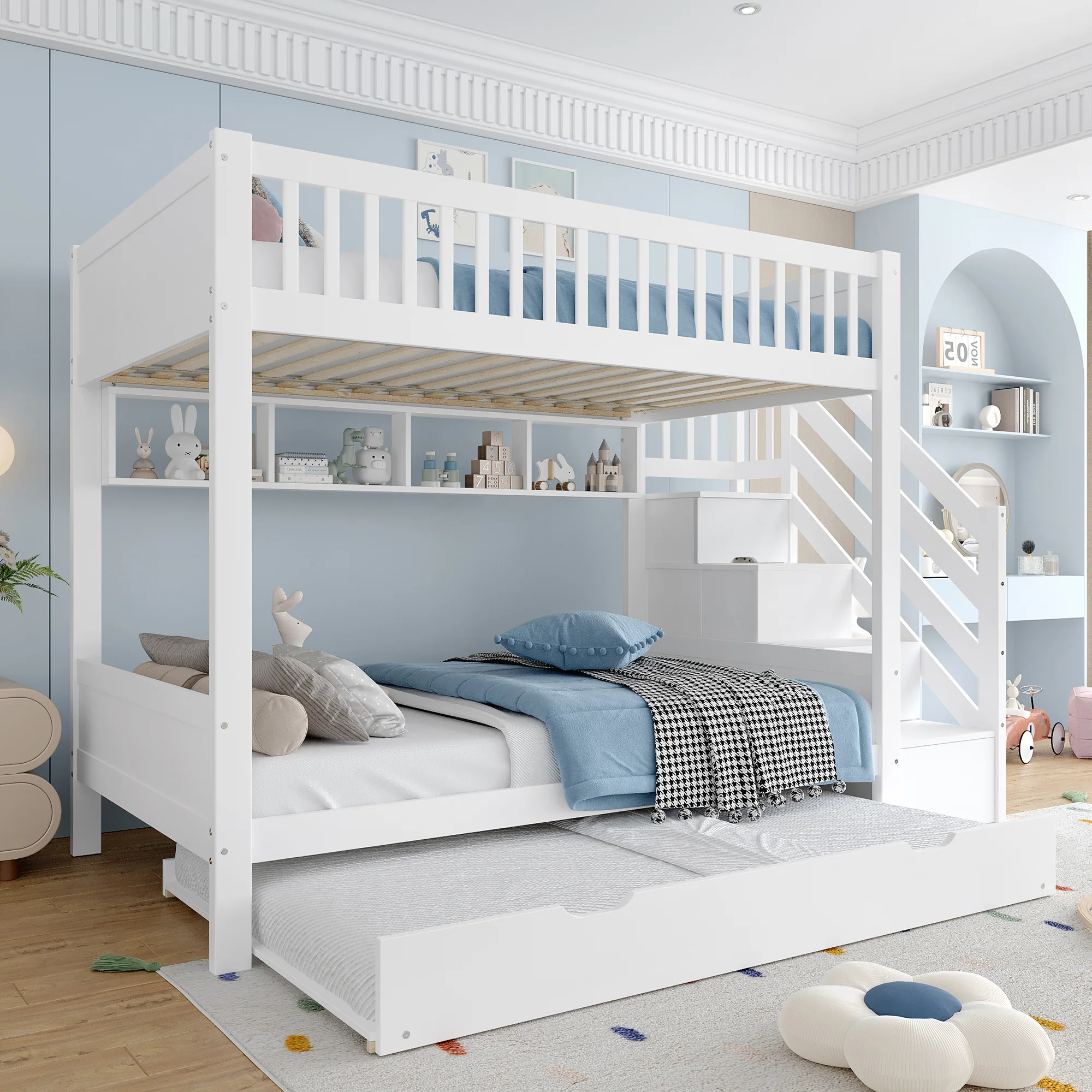 Bunk Bed 90x200cm Pull-out Bed with Shelf, Wardrobe & Storage - White - Image 10