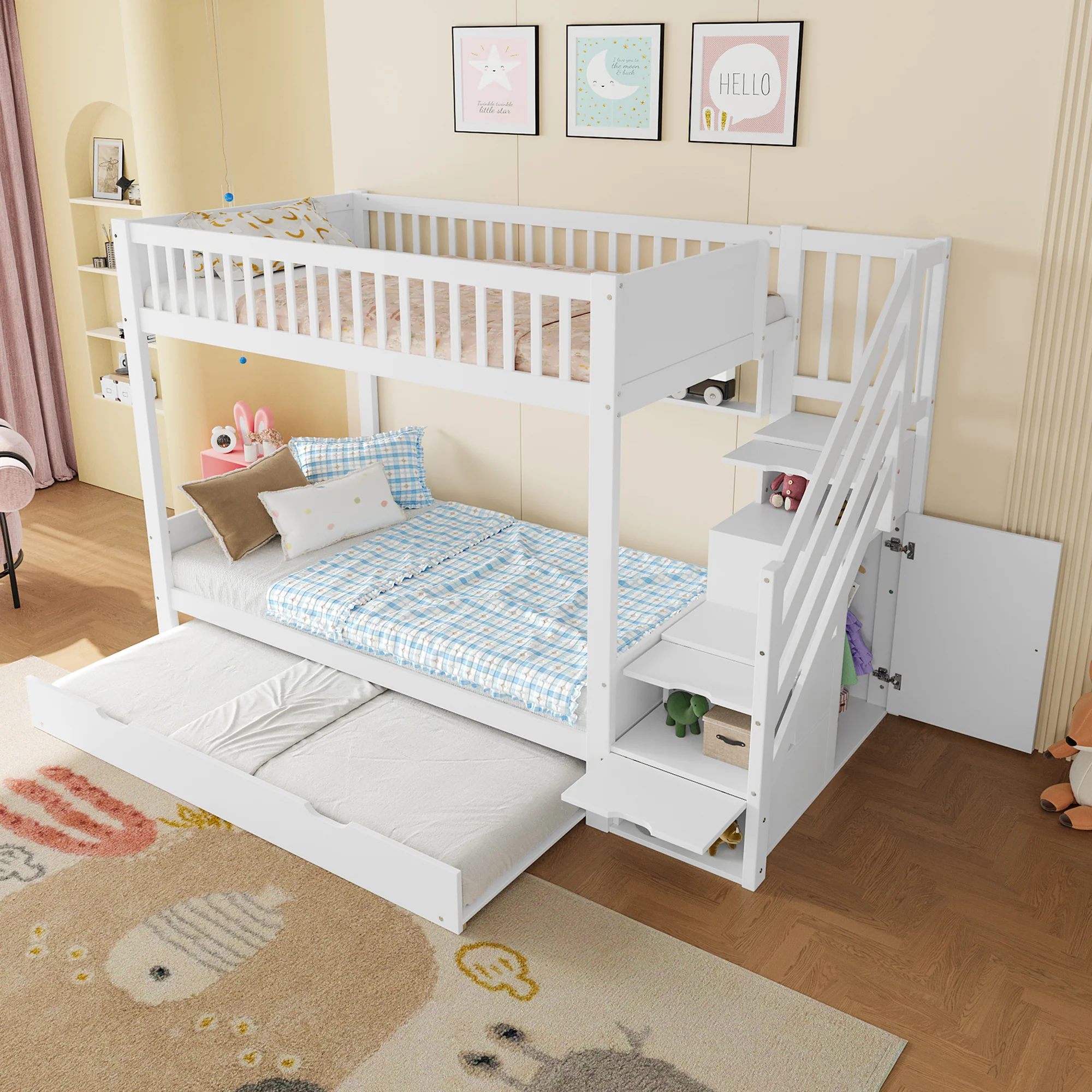 Bunk Bed 90x200cm Pull-out Bed with Shelf, Wardrobe & Storage - White - Image 5