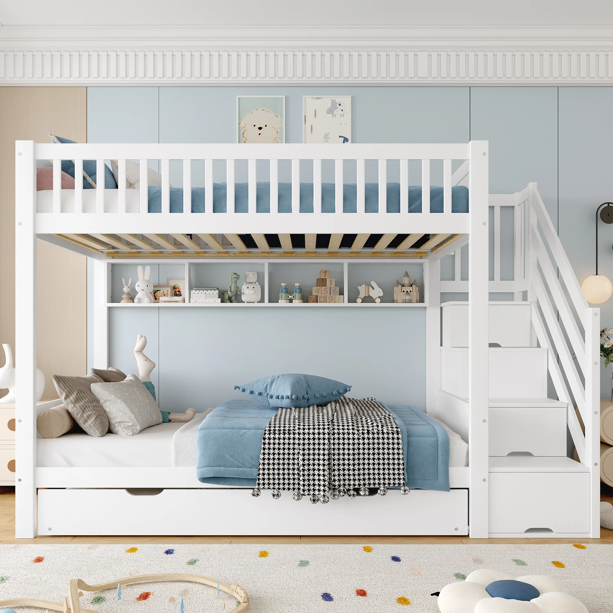 Bunk Bed 90x200cm Pull-out Bed with Shelf, Wardrobe & Storage - White - Image 9