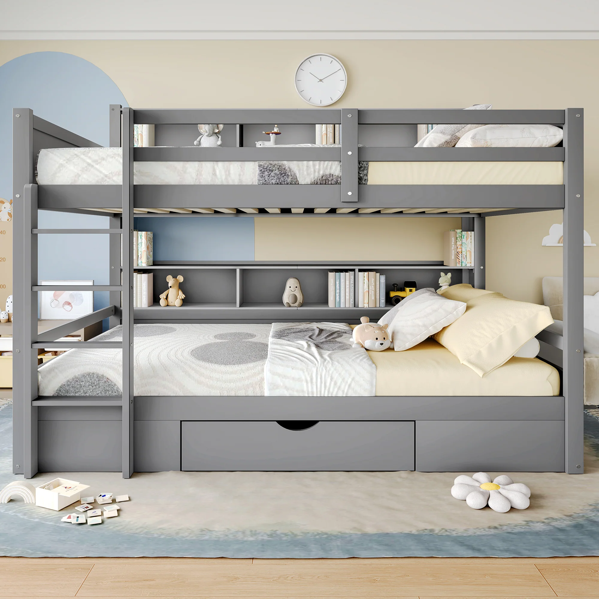 Bunk Bed 90x200cm Single Bed with Drawers Storage Without Mattress Grey - Image 2