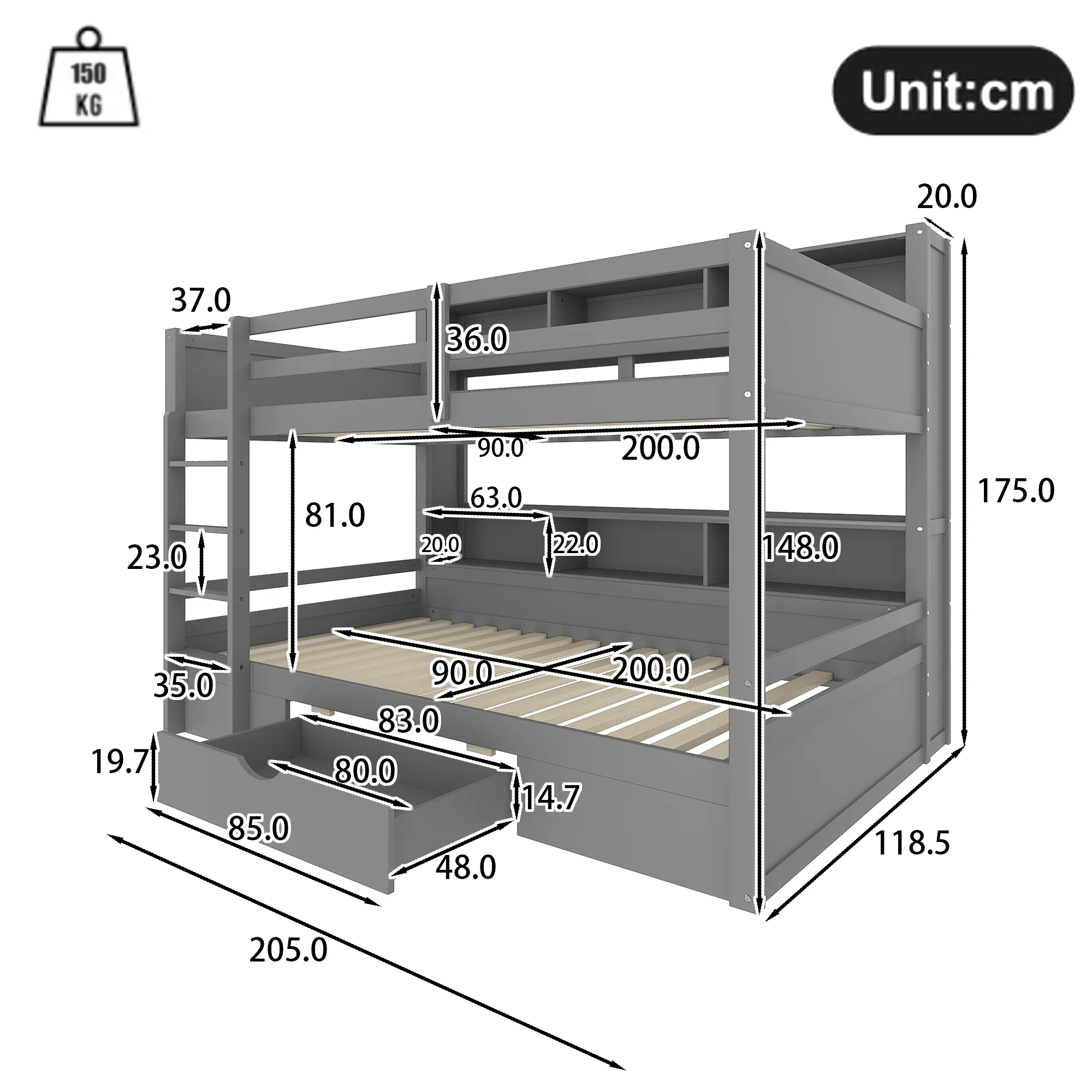 Bunk Bed 90x200cm Single Bed with Drawers Storage Without Mattress Grey - Image 6