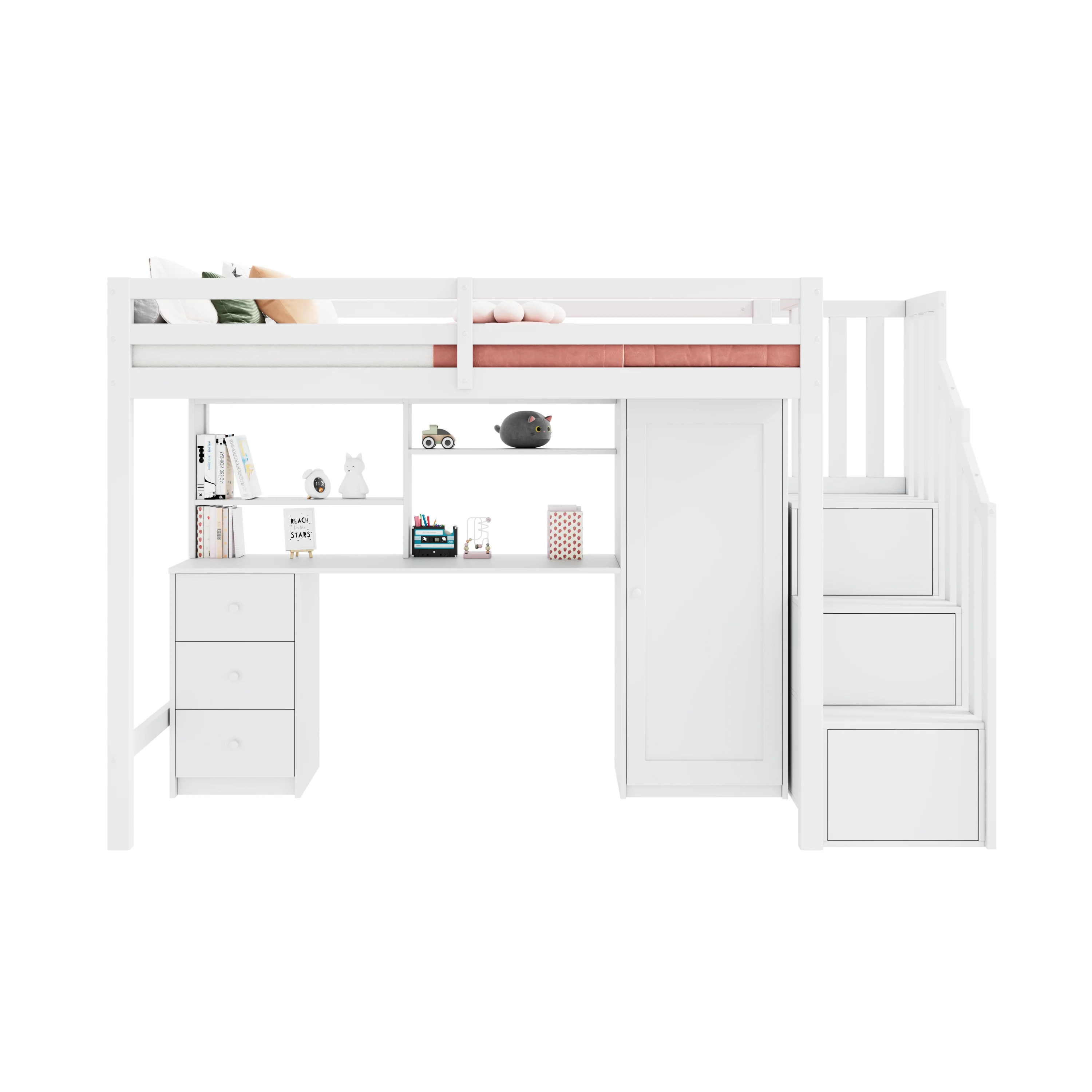 Bunk Bed 90x200cm with Desk, Wardrobe, Stair Storage - White - Image 10
