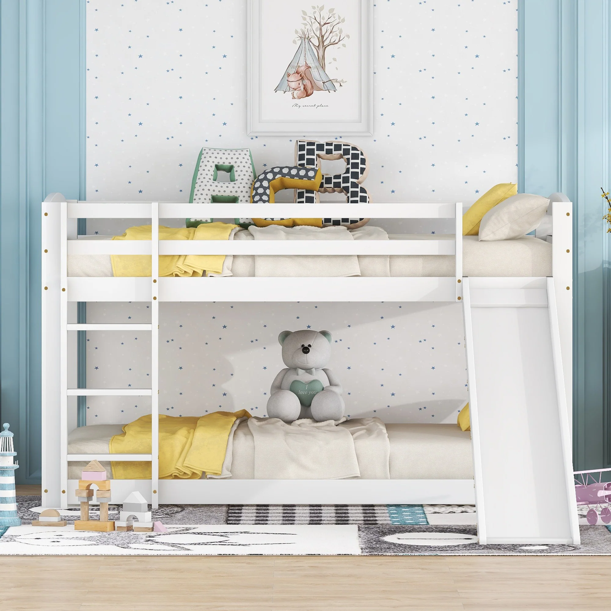Bunk Bed 90x200cm with Slide, Solid Wood Frame for Kids & Teens, White - Image 2