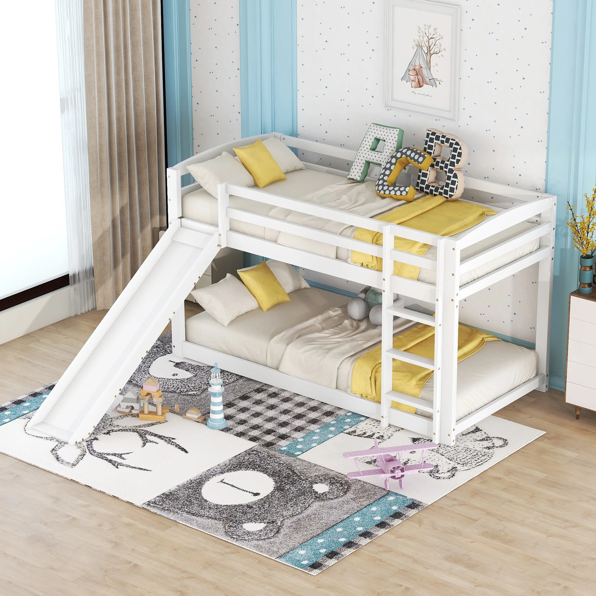 Bunk Bed 90x200cm with Slide, Solid Wood Frame for Kids & Teens, White - Image 3