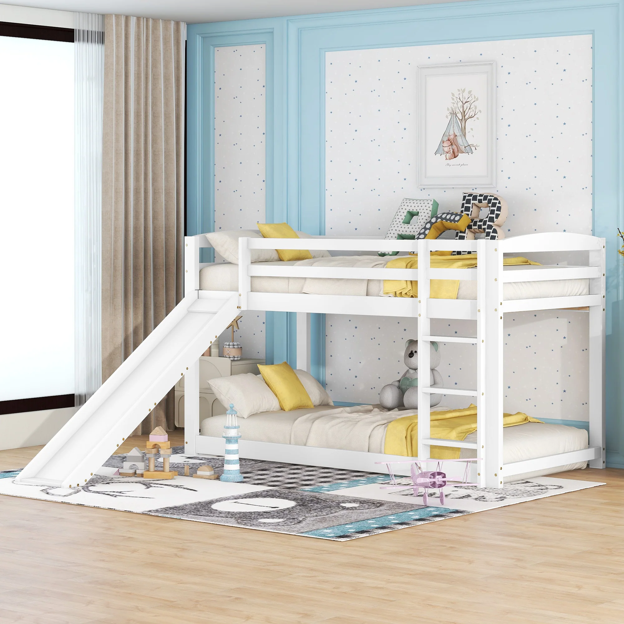 Bunk Bed 90x200cm with Slide, Solid Wood Frame for Kids & Teens, White - Image 4