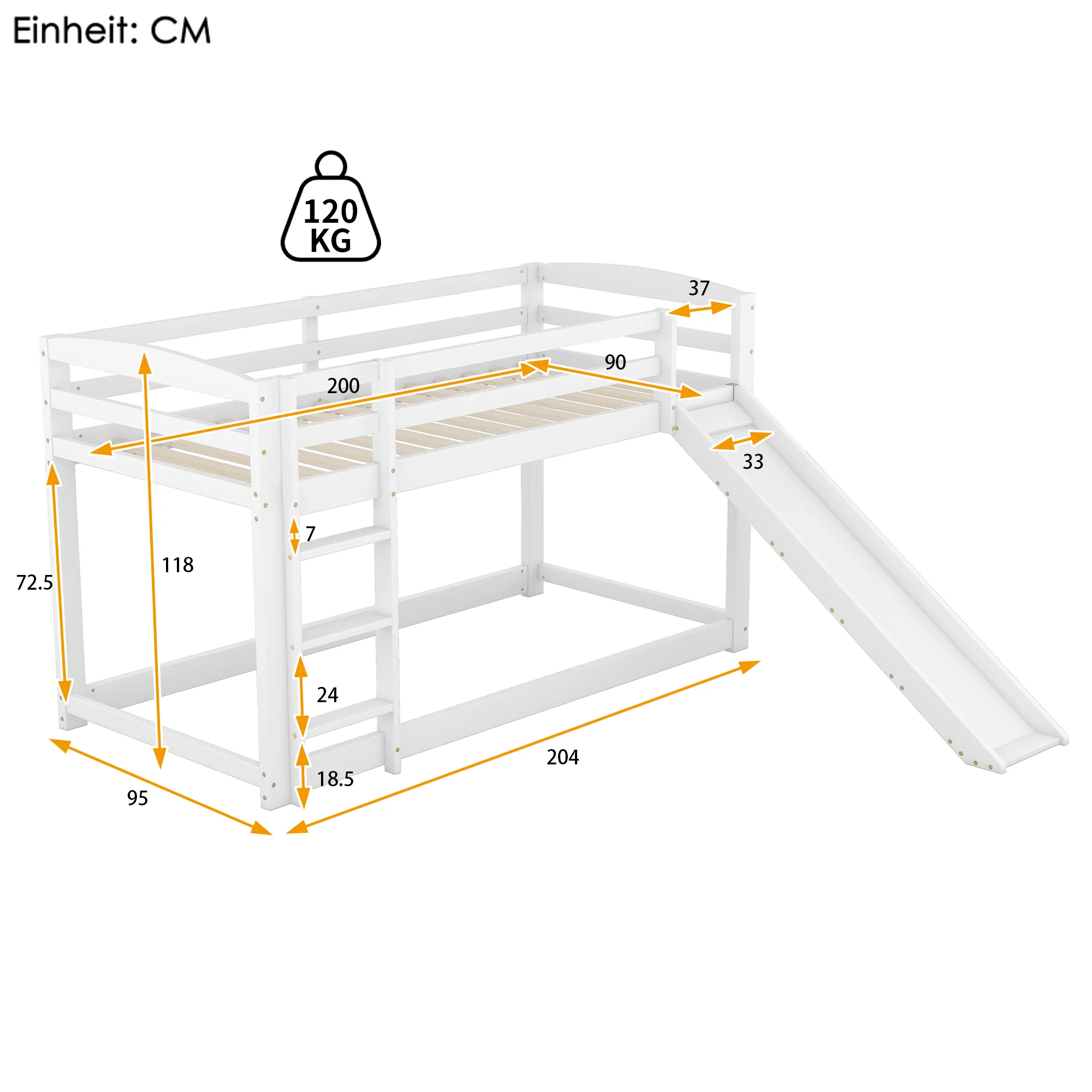 Bunk Bed 90x200cm with Slide, Solid Wood Frame for Kids & Teens, White - Image 5