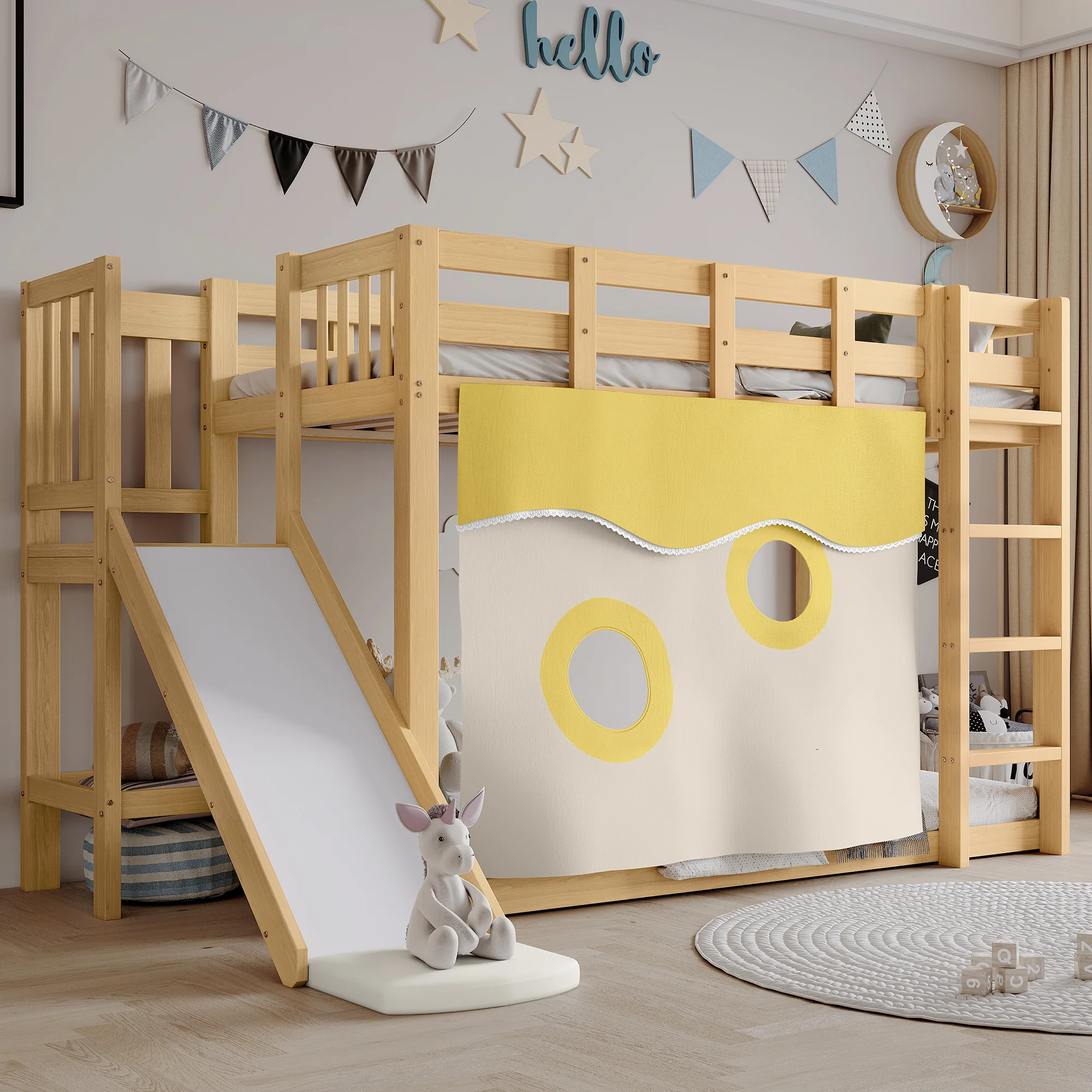 Bunk Bed 90x200cm with Slide, Stairs, Bed Curtain & Railing - Natural MDF/Pine