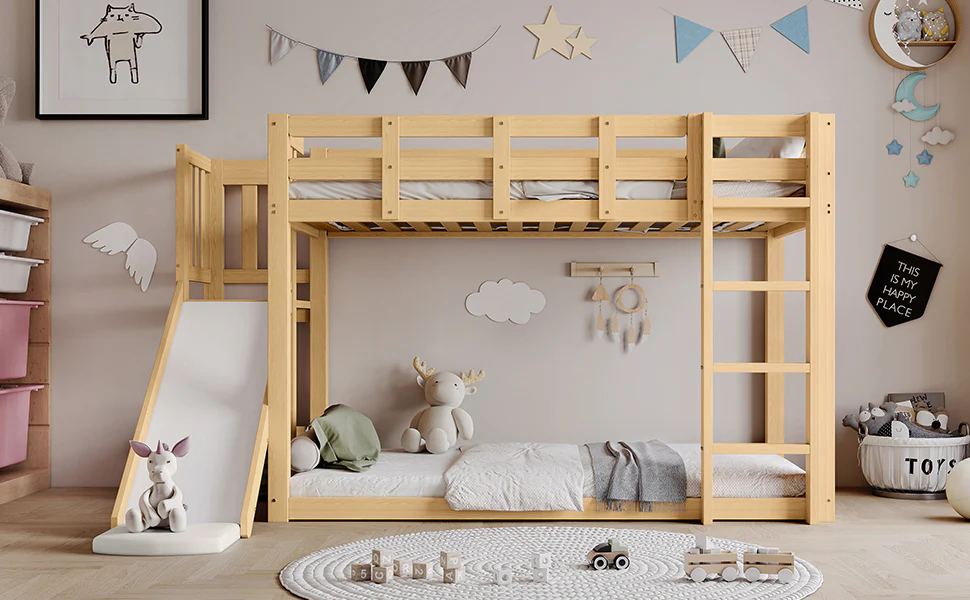 Bunk Bed 90x200cm with Slide, Stairs, Bed Curtain & Railing - Natural MDF/Pine - Image 10