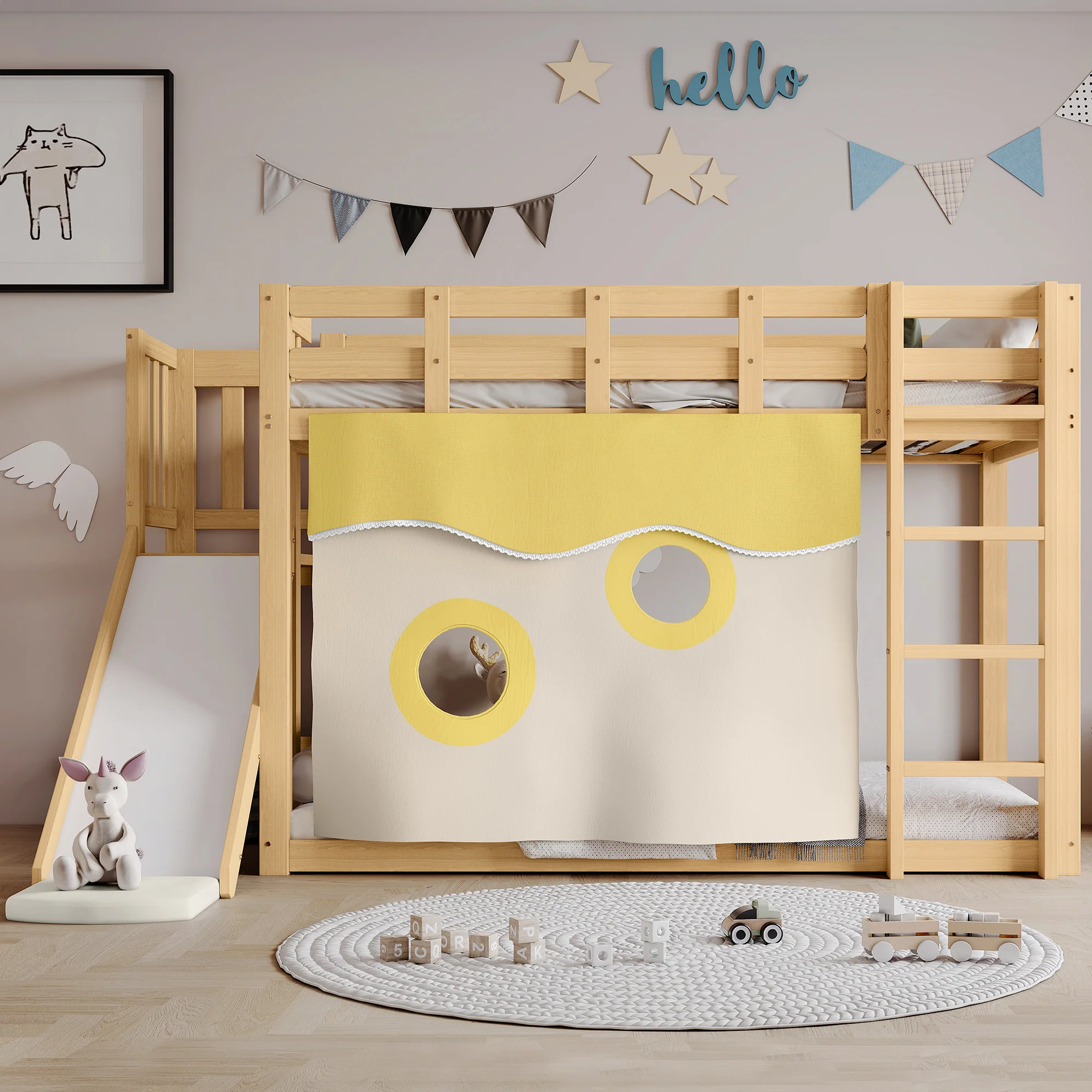 Bunk Bed 90x200cm with Slide, Stairs, Bed Curtain & Railing - Natural MDF/Pine - Image 3