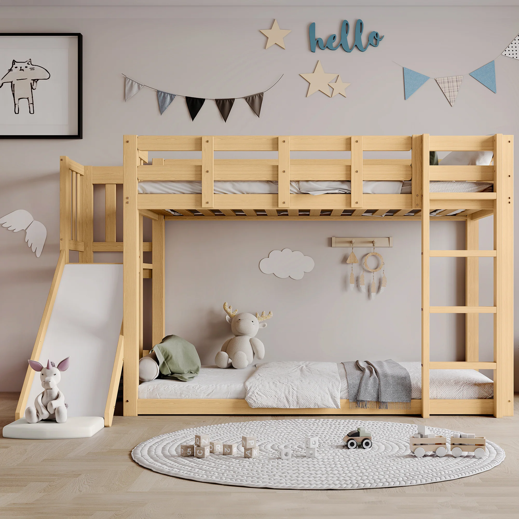 Bunk Bed 90x200cm with Slide, Stairs, Bed Curtain & Railing - Natural MDF/Pine - Image 4