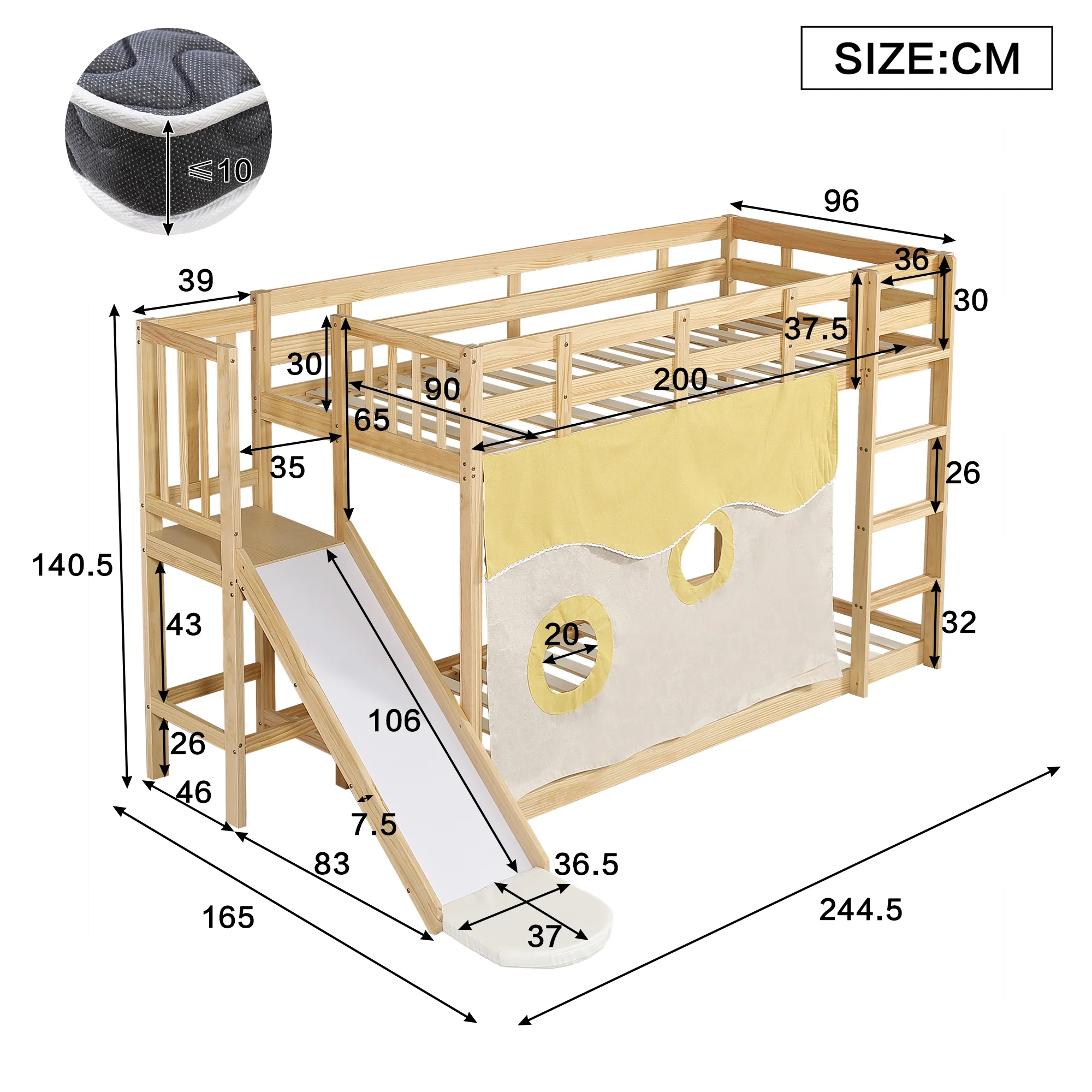 Bunk Bed 90x200cm with Slide, Stairs, Bed Curtain & Railing - Natural MDF/Pine - Image 5