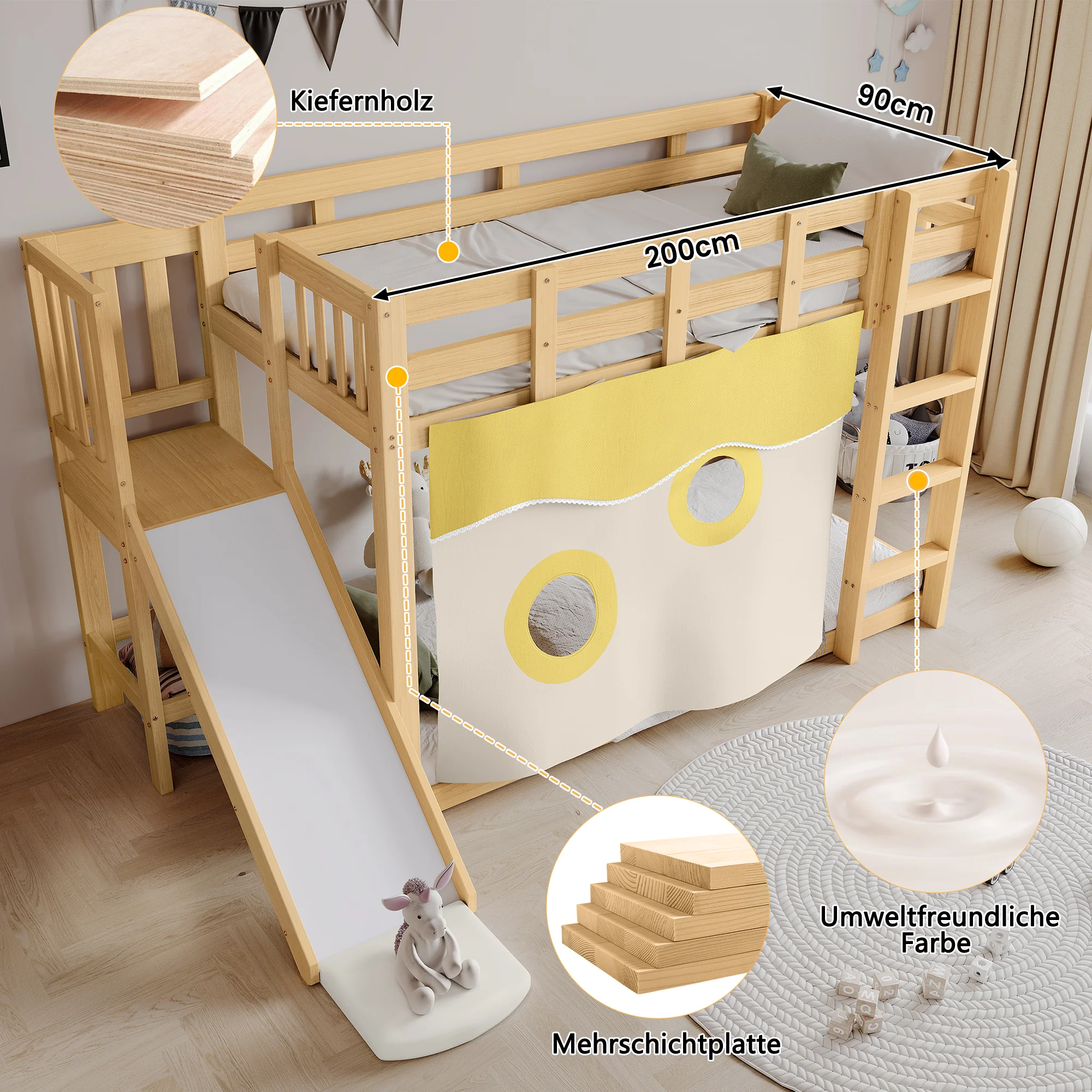 Bunk Bed 90x200cm with Slide, Stairs, Bed Curtain & Railing - Natural MDF/Pine - Image 6