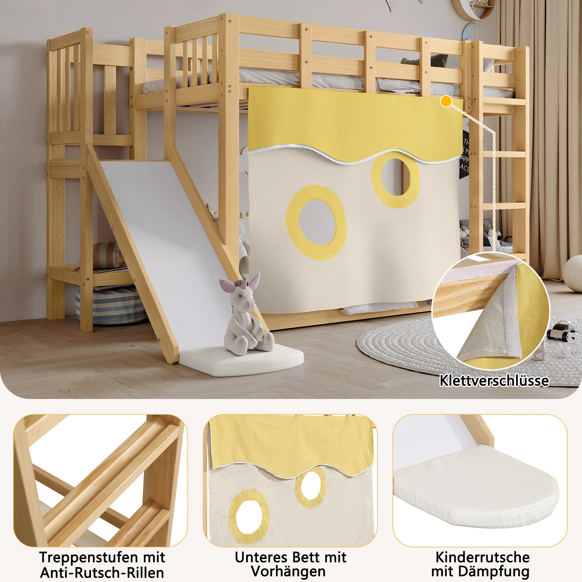 Bunk Bed 90x200cm with Slide, Stairs, Bed Curtain & Railing - Natural MDF/Pine - Image 7