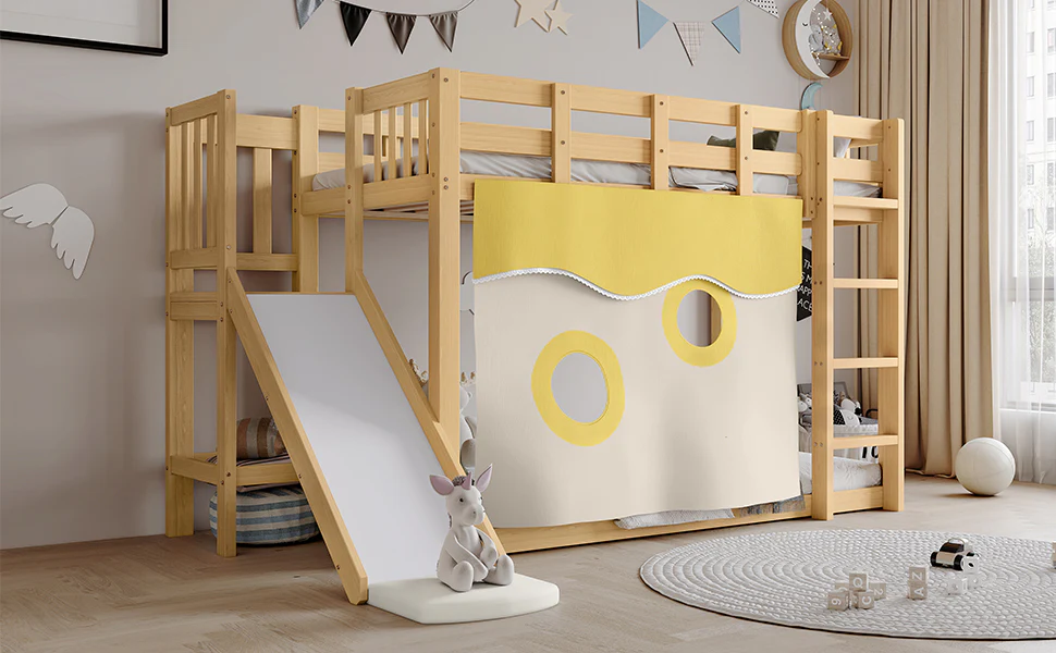 Bunk Bed 90x200cm with Slide, Stairs, Bed Curtain & Railing - Natural MDF/Pine - Image 8