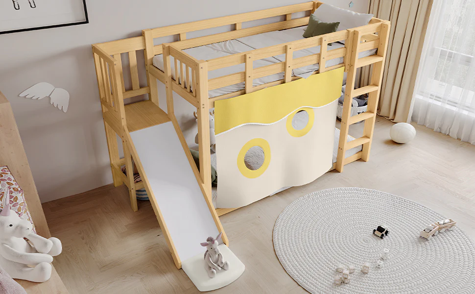 Bunk Bed 90x200cm with Slide, Stairs, Bed Curtain & Railing - Natural MDF/Pine - Image 9
