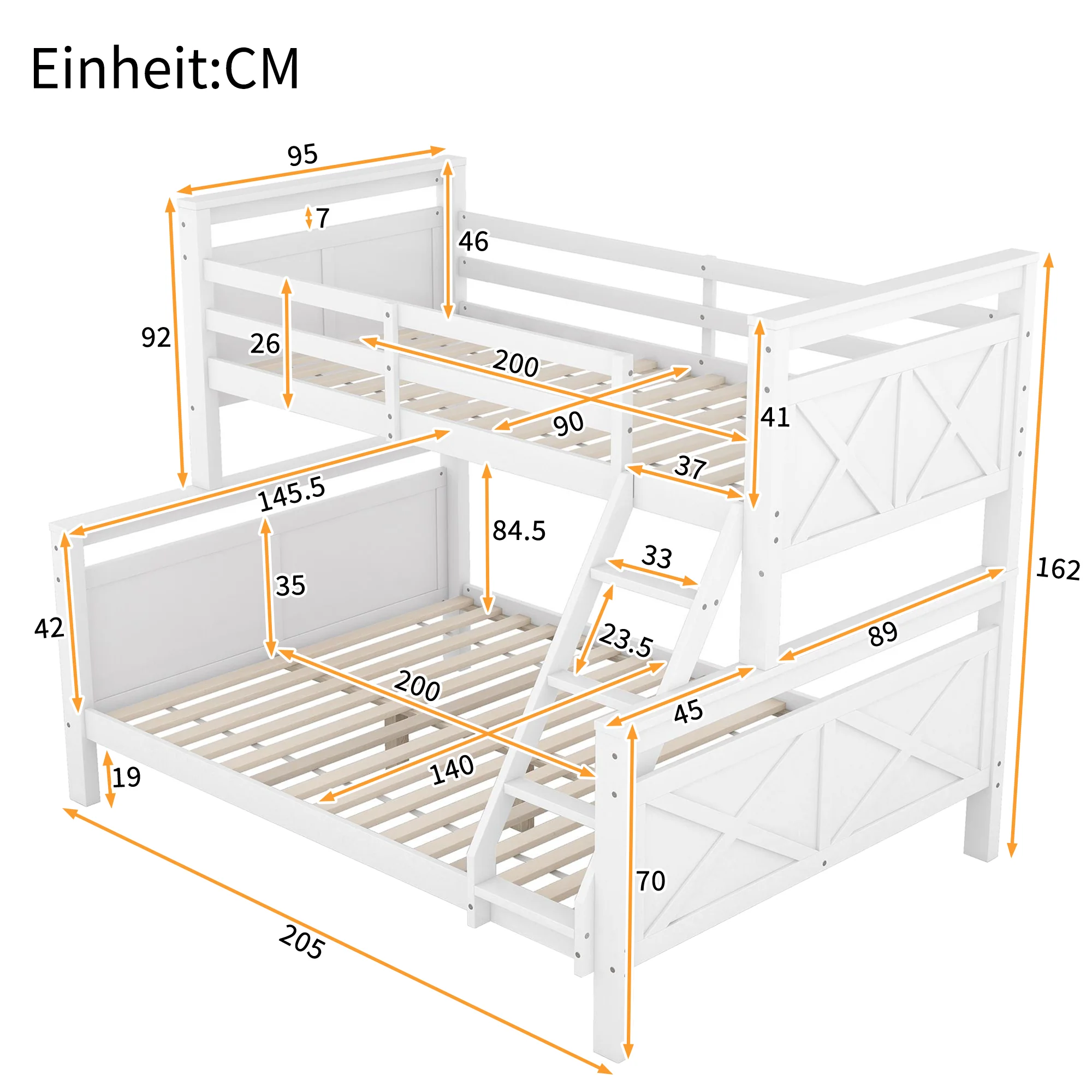 Bunk Bed Convertible to 2 Separate Beds Ladder Railing 90(140)x200cm - White Wood - Image 8