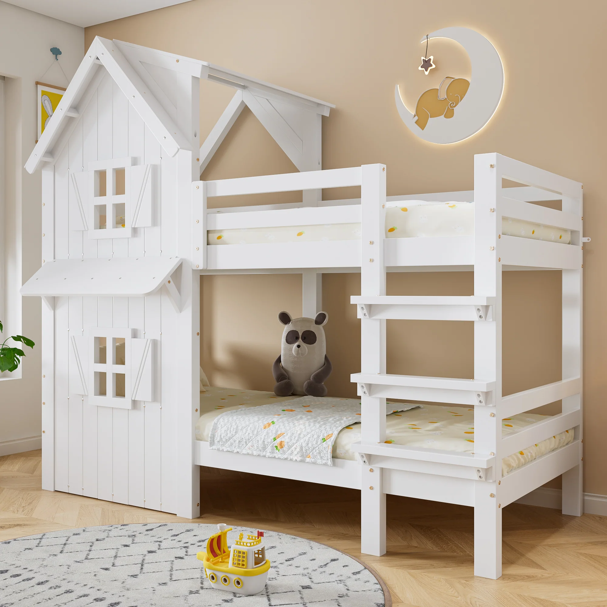 Bunk Bed Kids House, Safety Rails Ladder Slatted Base, Pine/MDF/Plywood White 90x200cm