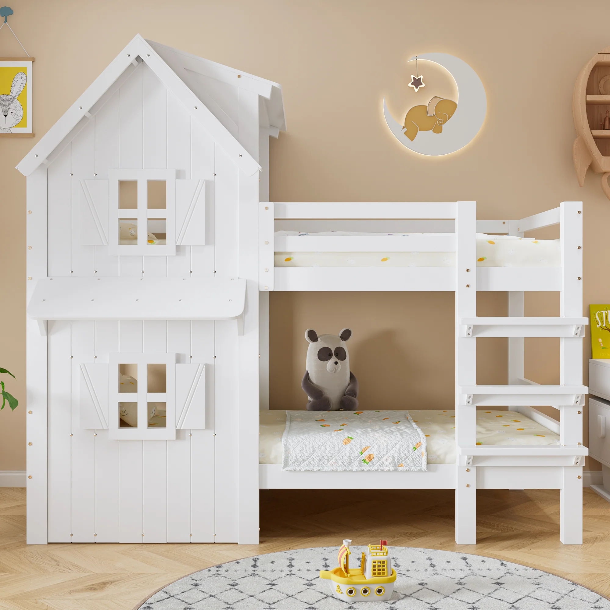 Bunk Bed Kids House, Safety Rails Ladder Slatted Base, Pine/MDF/Plywood White 90x200cm - Image 2