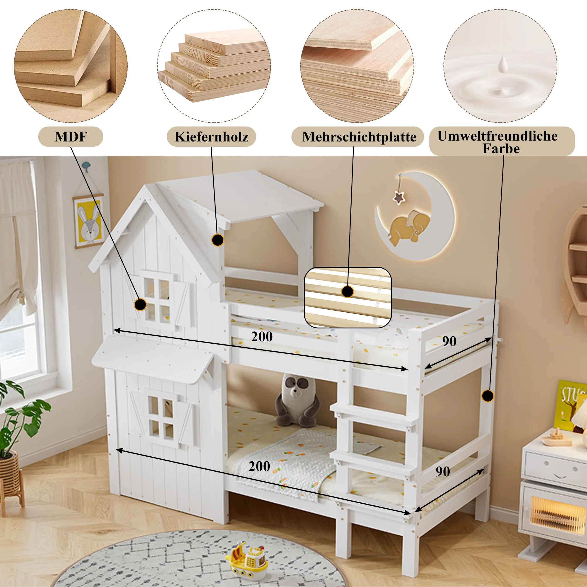 Bunk Bed Kids House, Safety Rails Ladder Slatted Base, Pine/MDF/Plywood White 90x200cm - Image 5