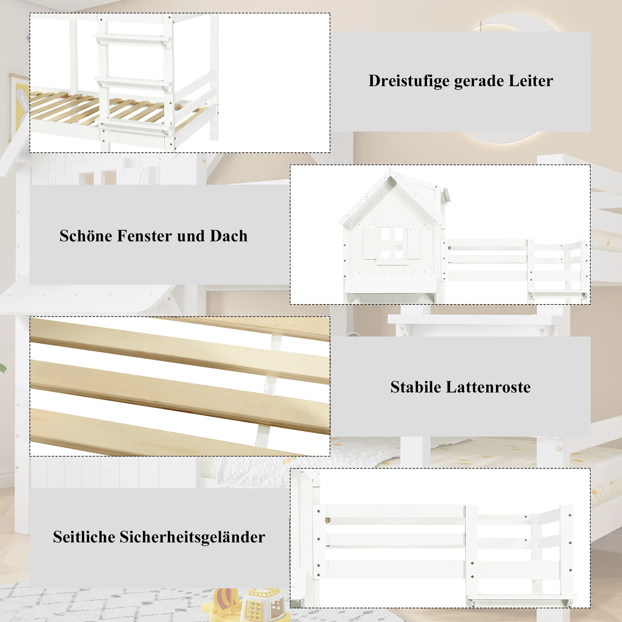Bunk Bed Kids House, Safety Rails Ladder Slatted Base, Pine/MDF/Plywood White 90x200cm - Image 6