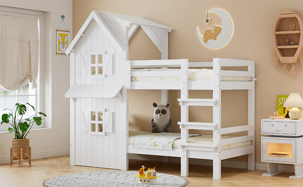Bunk Bed Kids House, Safety Rails Ladder Slatted Base, Pine/MDF/Plywood White 90x200cm - Image 7