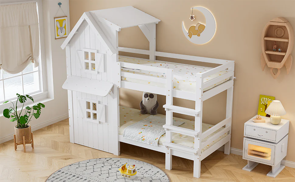 Bunk Bed Kids House, Safety Rails Ladder Slatted Base, Pine/MDF/Plywood White 90x200cm - Image 8