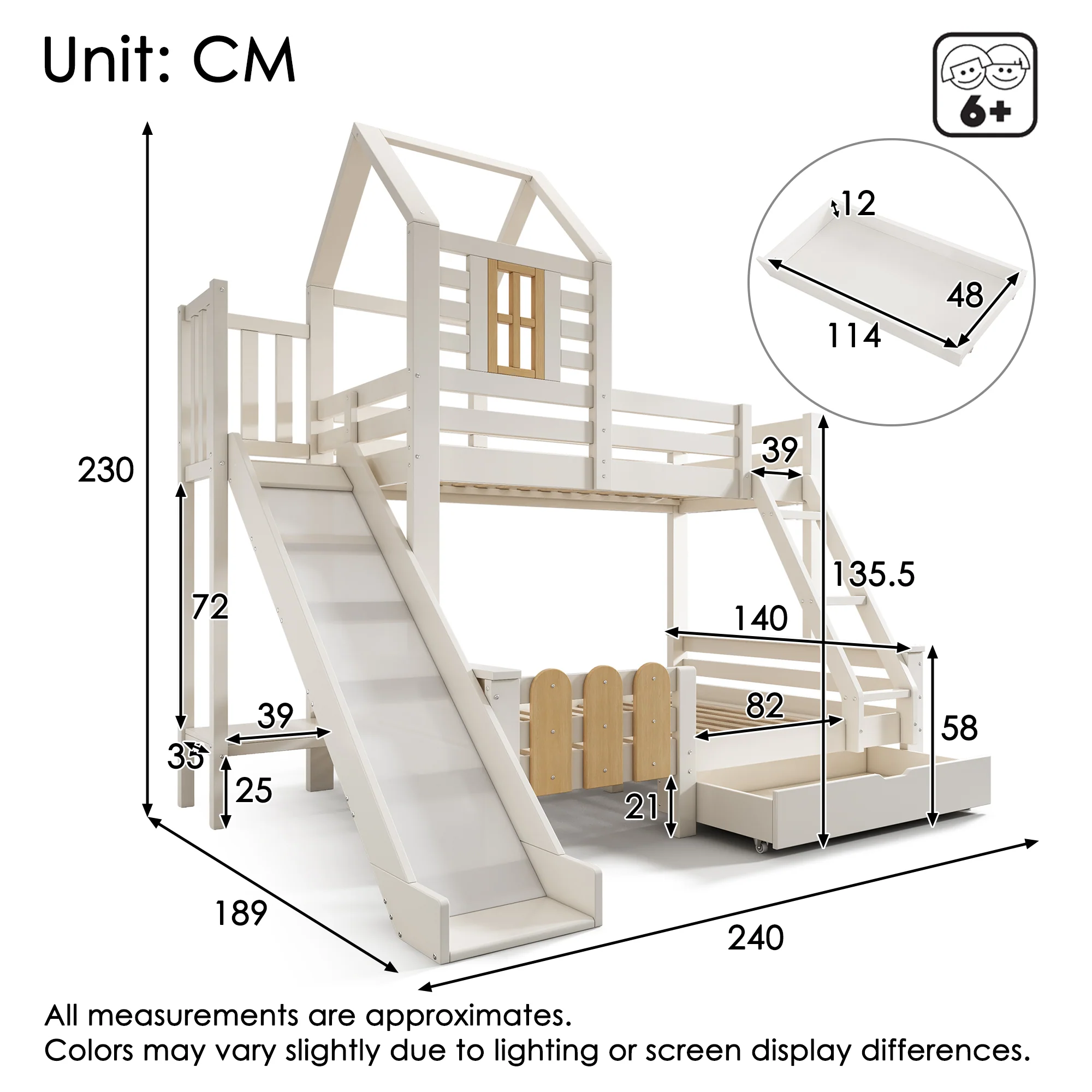 Bunk Beds for Kids, Cabin Tree-house Bed with Ladder and Slide, Twin Sleeper (90+135) x 190 cm, Solid Wood, White - Image 2
