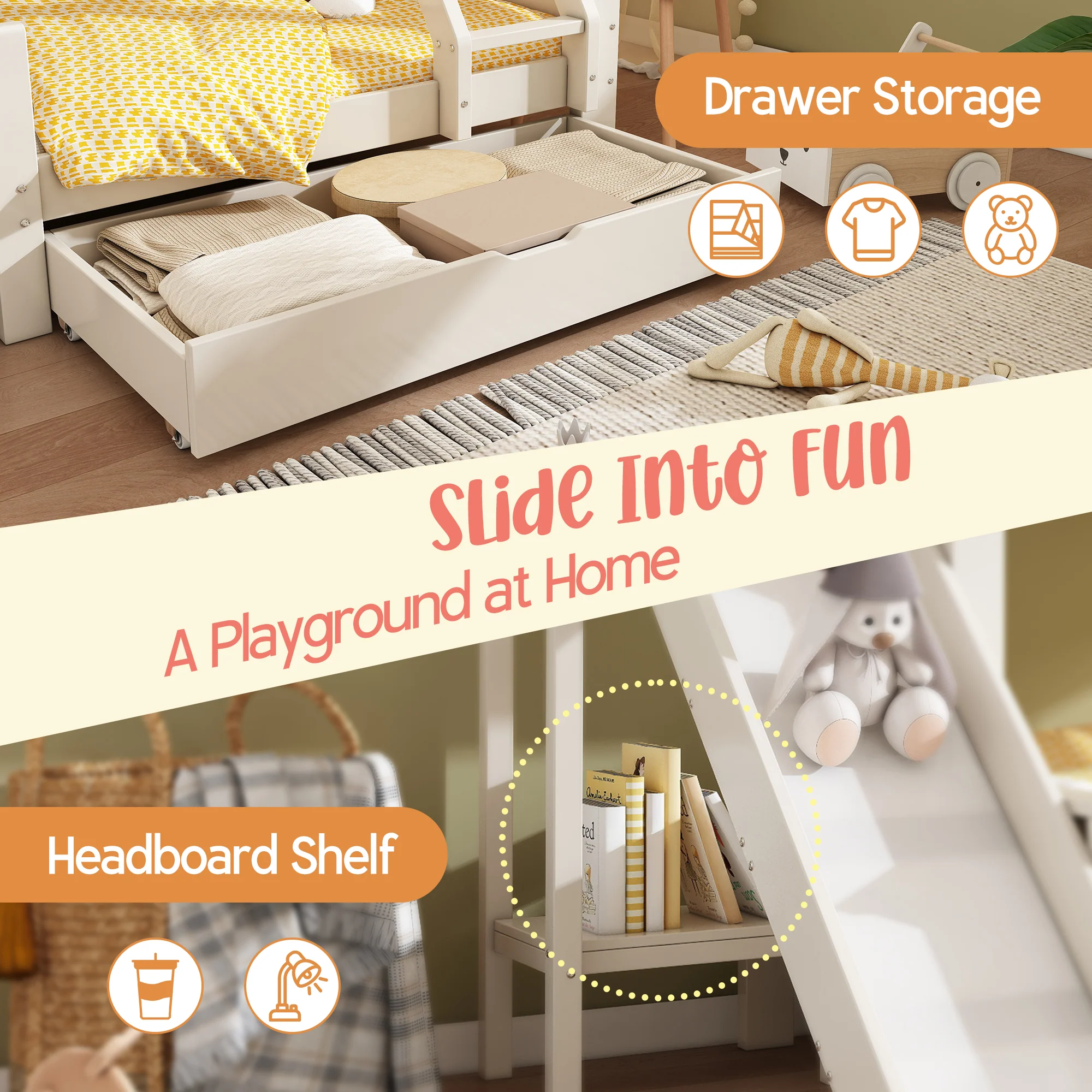 Bunk Beds for Kids, Cabin Tree-house Bed with Ladder and Slide, Twin Sleeper (90+135) x 190 cm, Solid Wood, White - Image 3