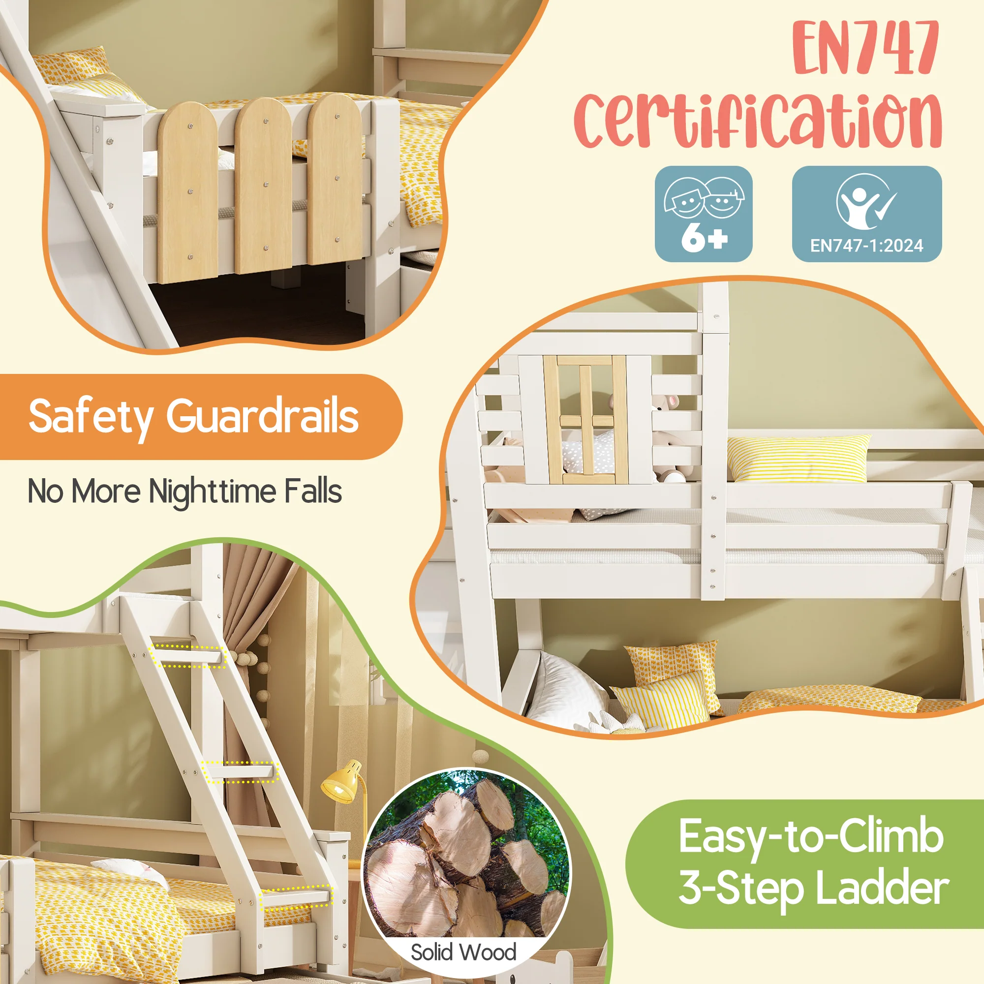 Bunk Beds for Kids, Cabin Tree-house Bed with Ladder and Slide, Twin Sleeper (90+135) x 190 cm, Solid Wood, White - Image 4