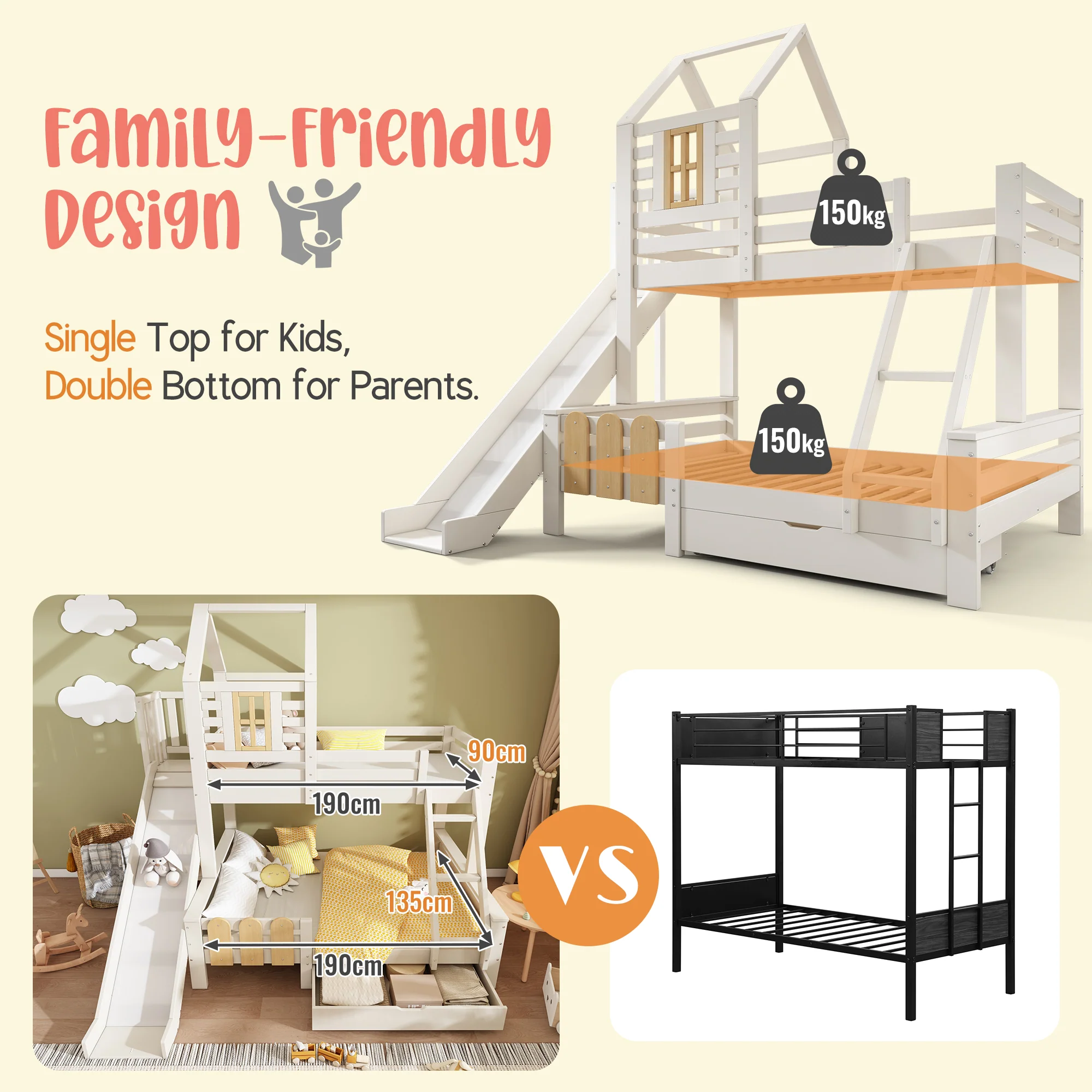 Bunk Beds for Kids, Cabin Tree-house Bed with Ladder and Slide, Twin Sleeper (90+135) x 190 cm, Solid Wood, White - Image 5