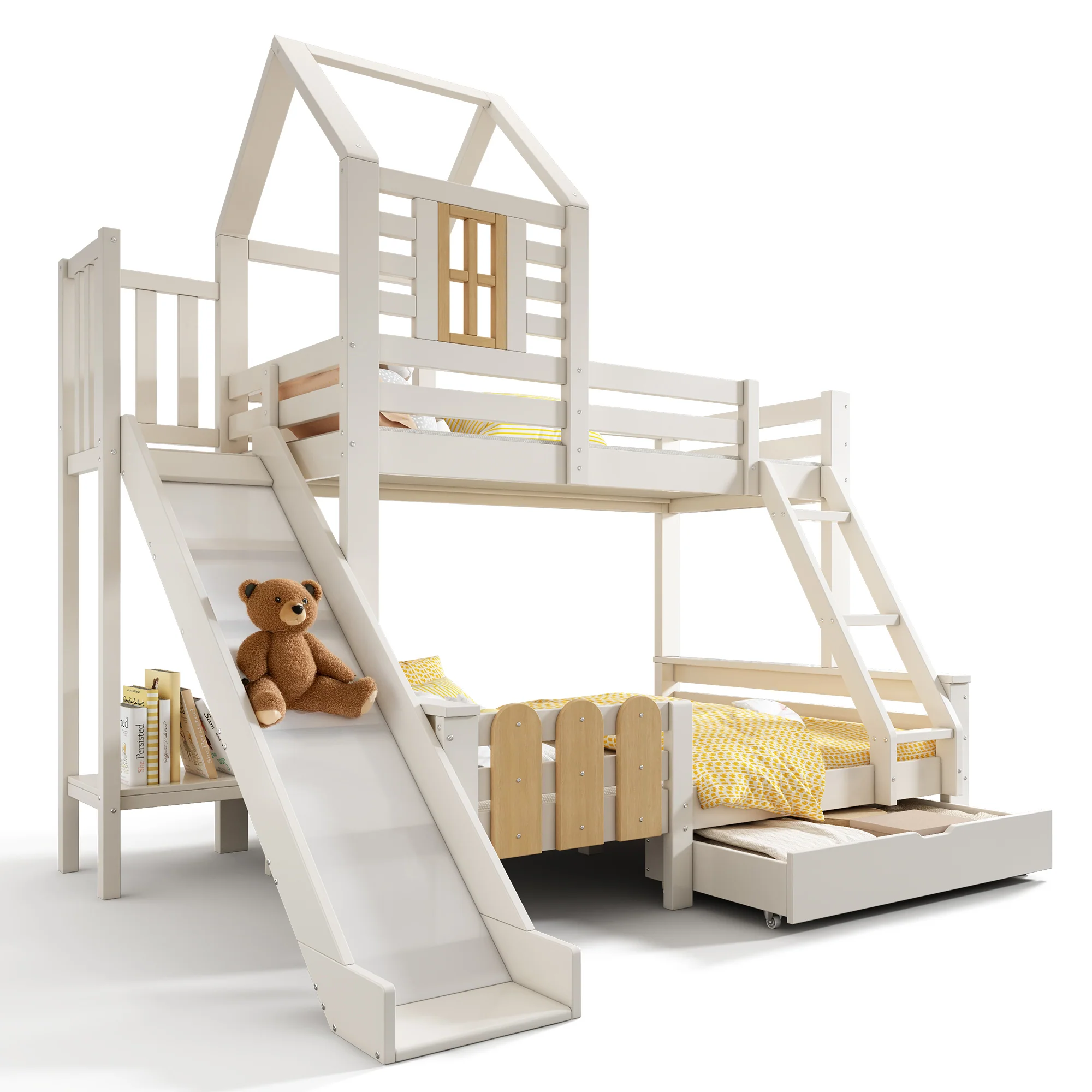Bunk Beds for Kids, Cabin Tree-house Bed with Ladder and Slide, Twin Sleeper (90+135) x 190 cm, Solid Wood, White - Image 6