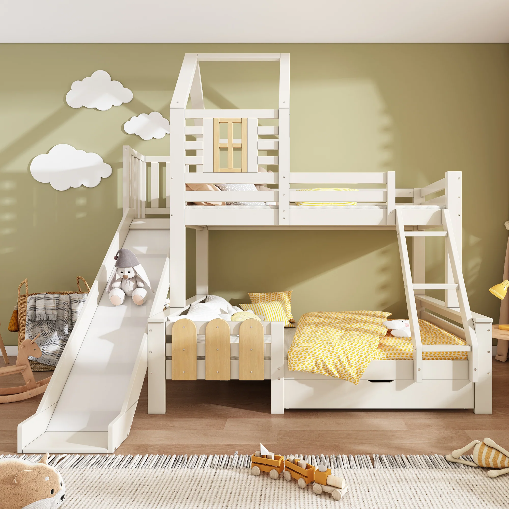 Bunk Beds for Kids, Cabin Tree-house Bed with Ladder and Slide, Twin Sleeper (90+135) x 190 cm, Solid Wood, White - Image 7