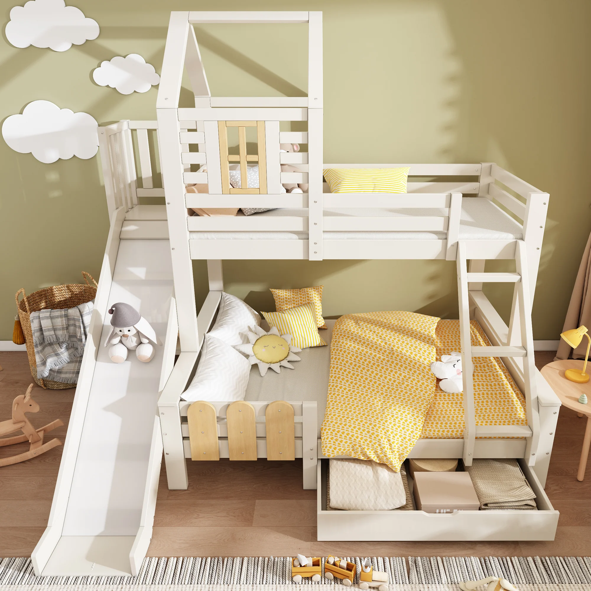 Bunk Beds for Kids, Cabin Tree-house Bed with Ladder and Slide, Twin Sleeper (90+135) x 190 cm, Solid Wood, White - Image 8