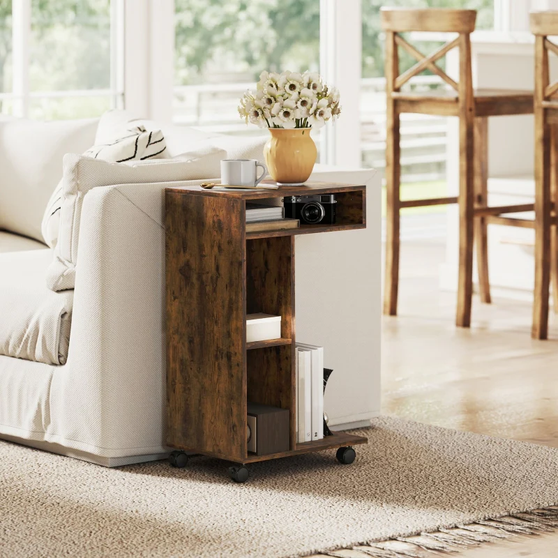 C-Shaped Serving Cart 4 Wheels 3 Compartments - Rustic Brown - Image 2