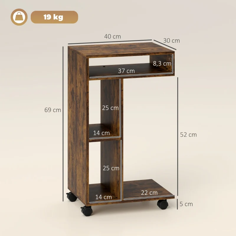 C-Shaped Serving Cart 4 Wheels 3 Compartments - Rustic Brown - Image 3