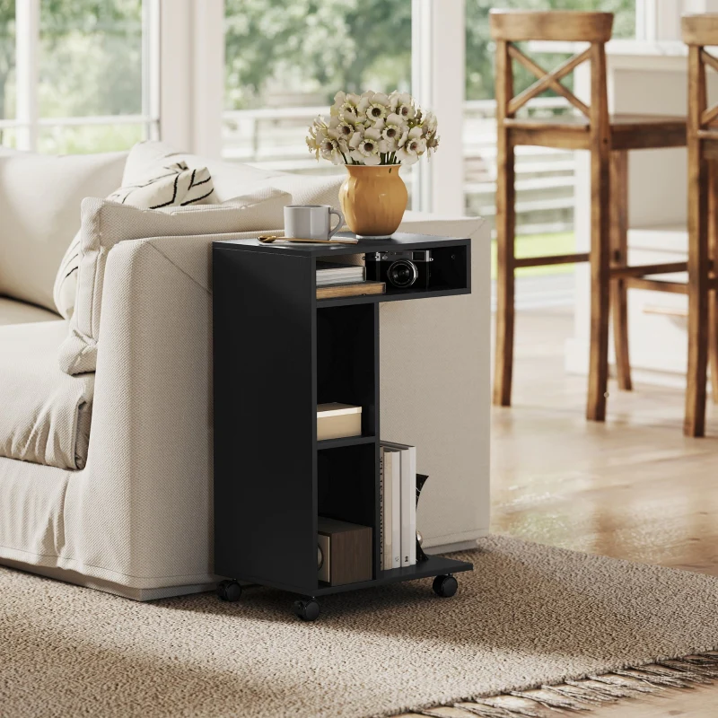 C-Shaped Serving Trolley 40x30x69cm 4 Wheels 3 Compartments - Black - Image 2