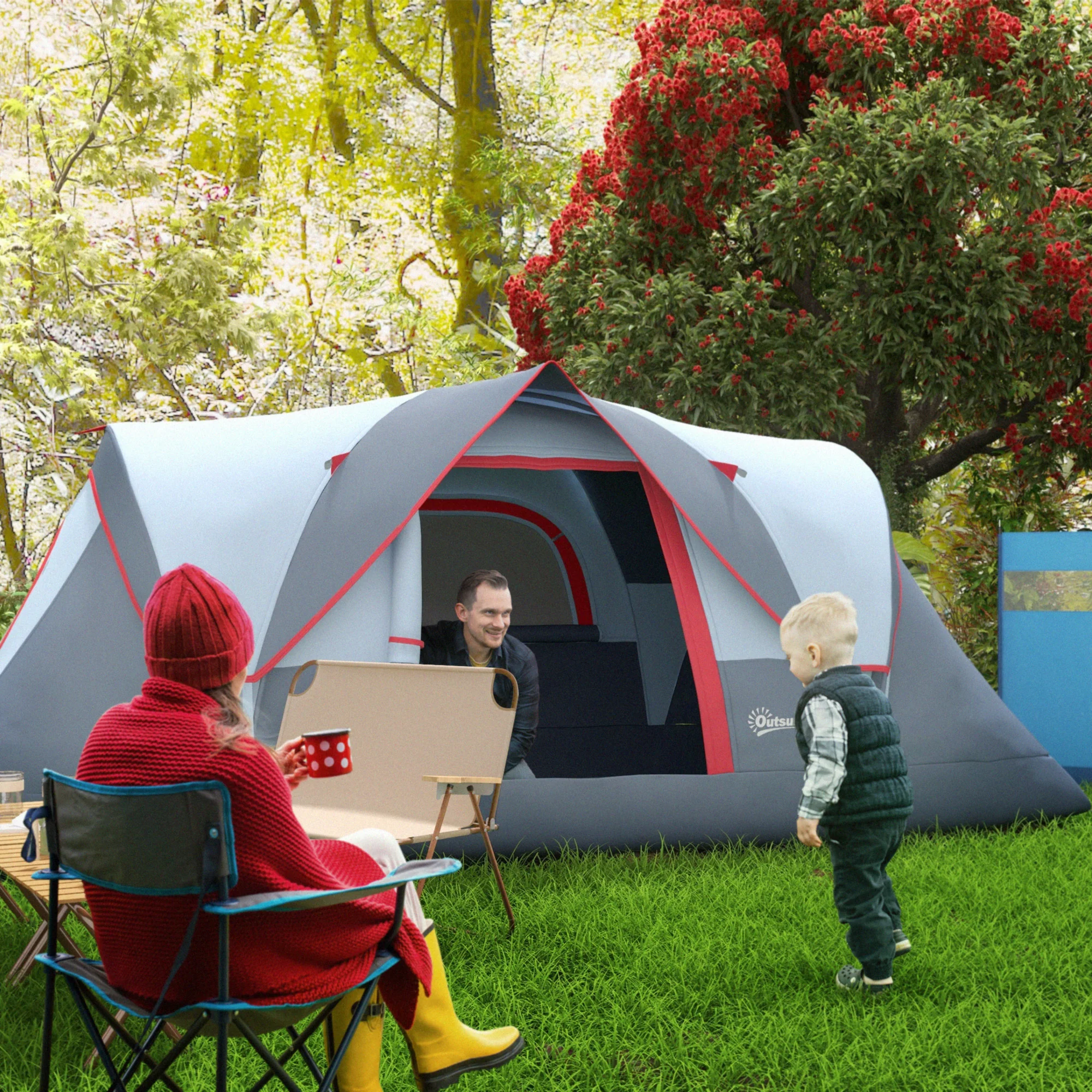 Camping Tent 5-6 Person Tunnel Dome Tent Polyester, Grey - Image 2