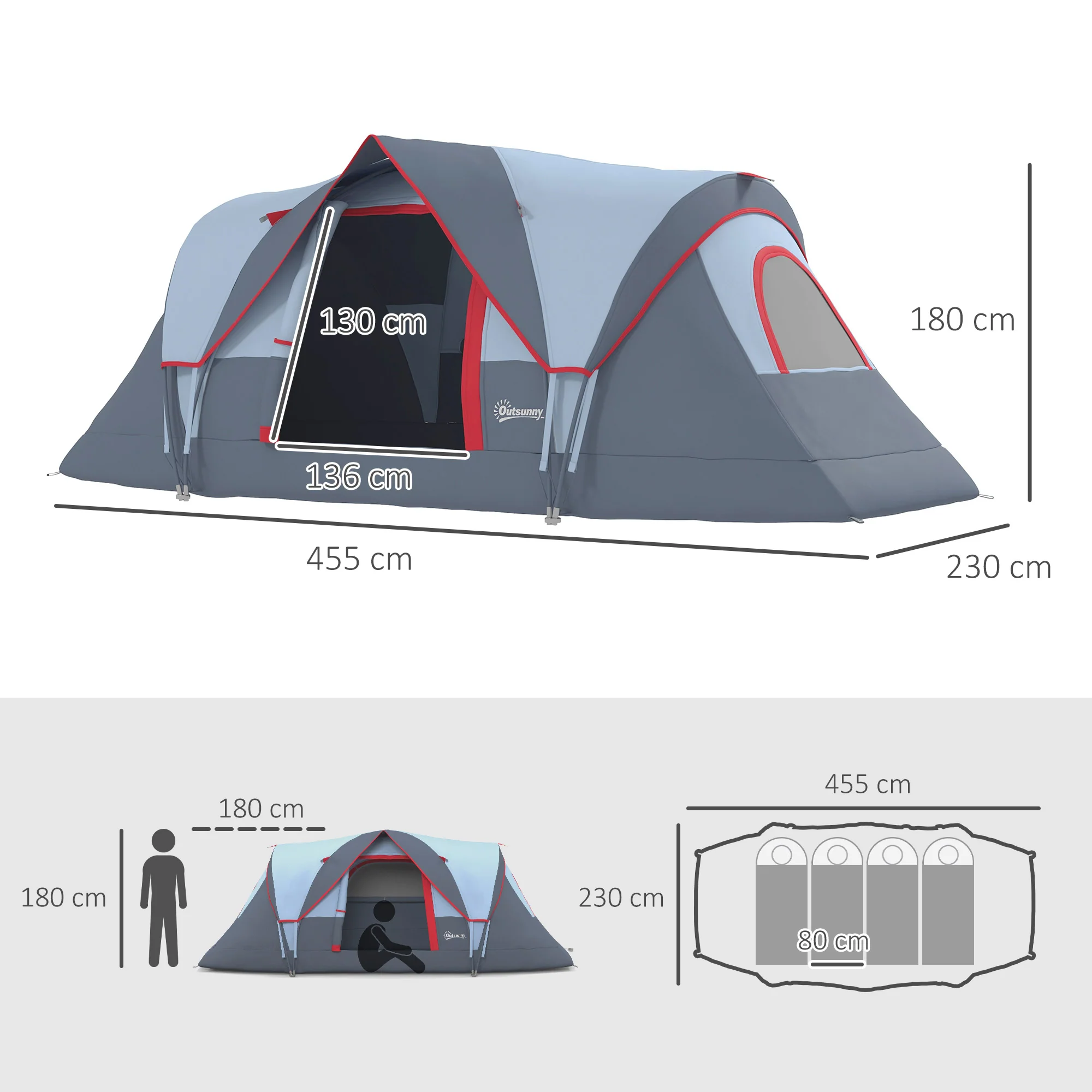 Camping Tent 5-6 Person Tunnel Dome Tent Polyester, Grey - Image 3
