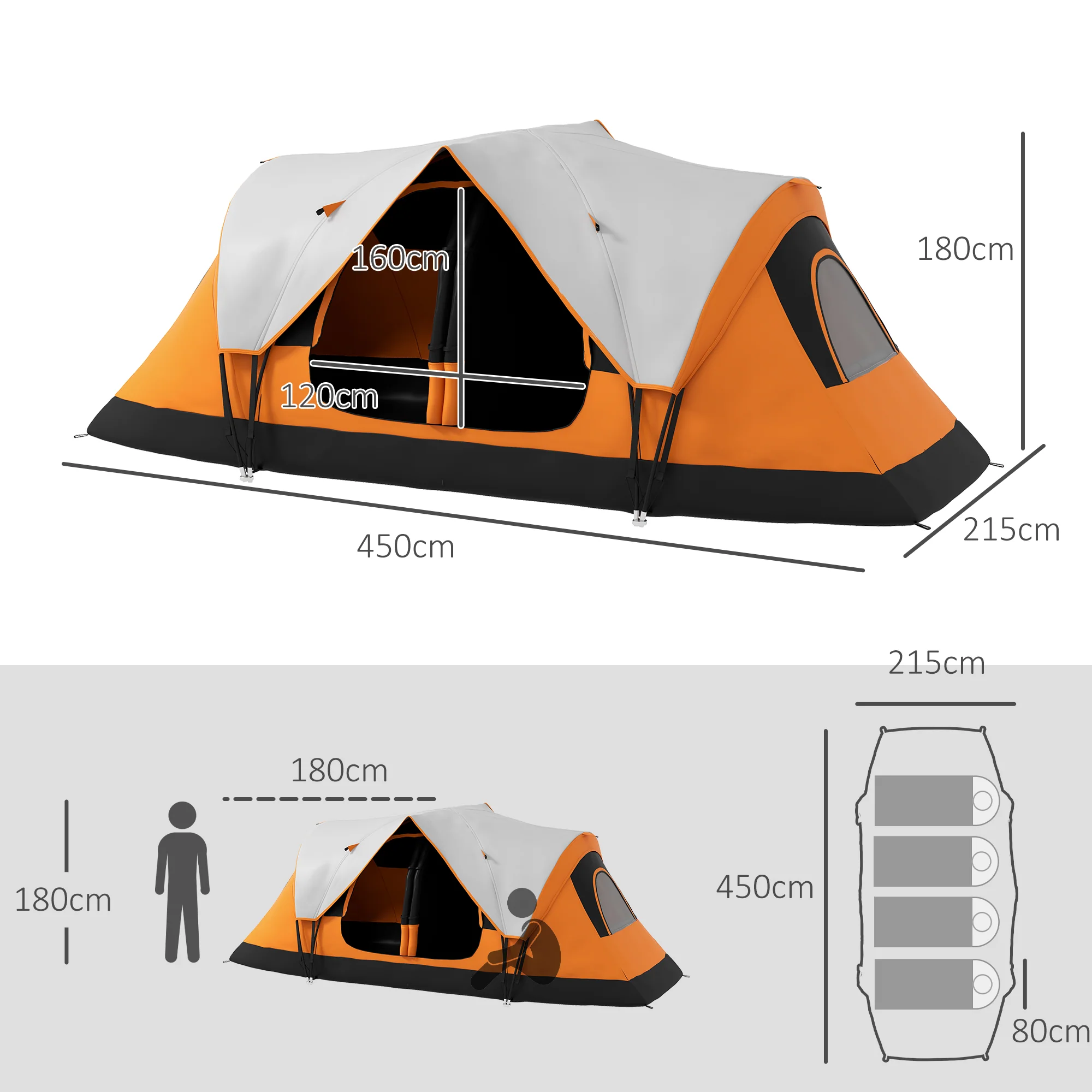 Camping Tent, Tunnel Tent 8-Person 2 Rooms Windproof 2000mm Water-Repellent, Orange - Image 3