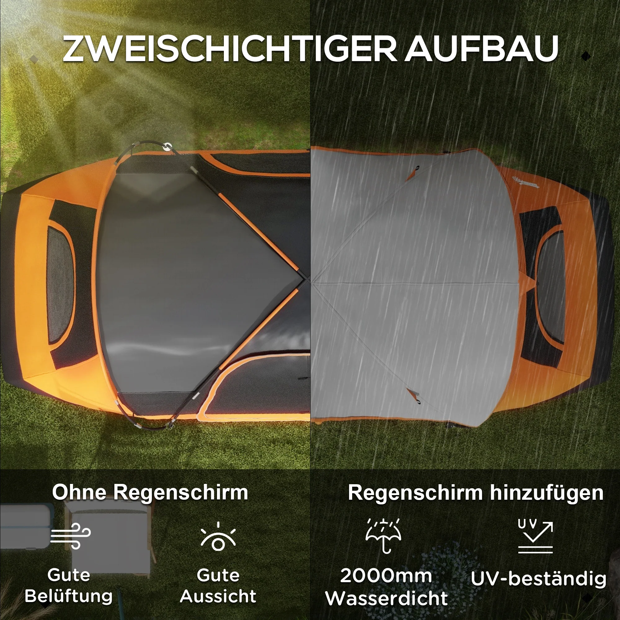 Camping Tent, Tunnel Tent 8-Person 2 Rooms Windproof 2000mm Water-Repellent, Orange - Image 4