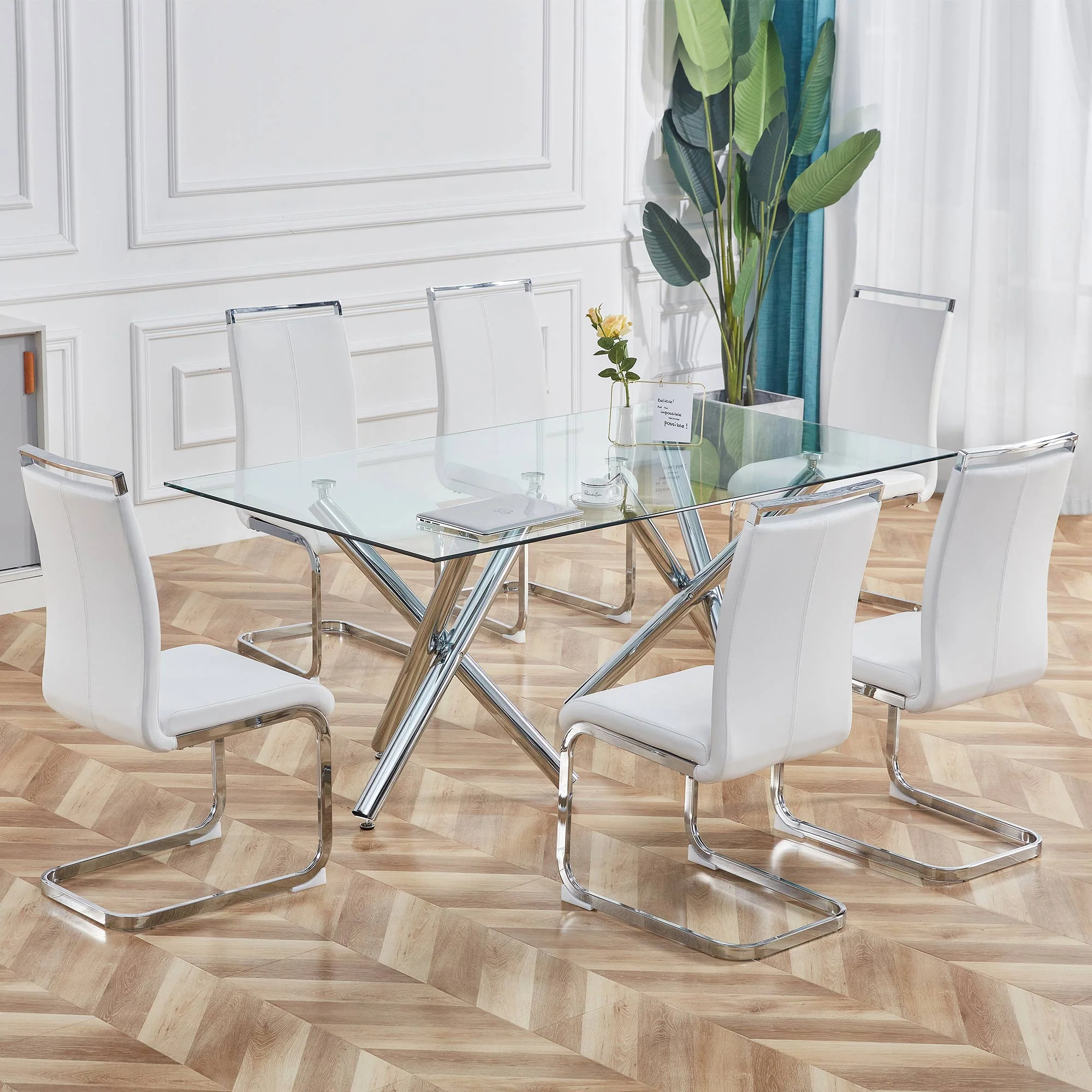 Cantilever Chair Set of 4 Chrome-Plated 120kg Faux Leather White - Image 2