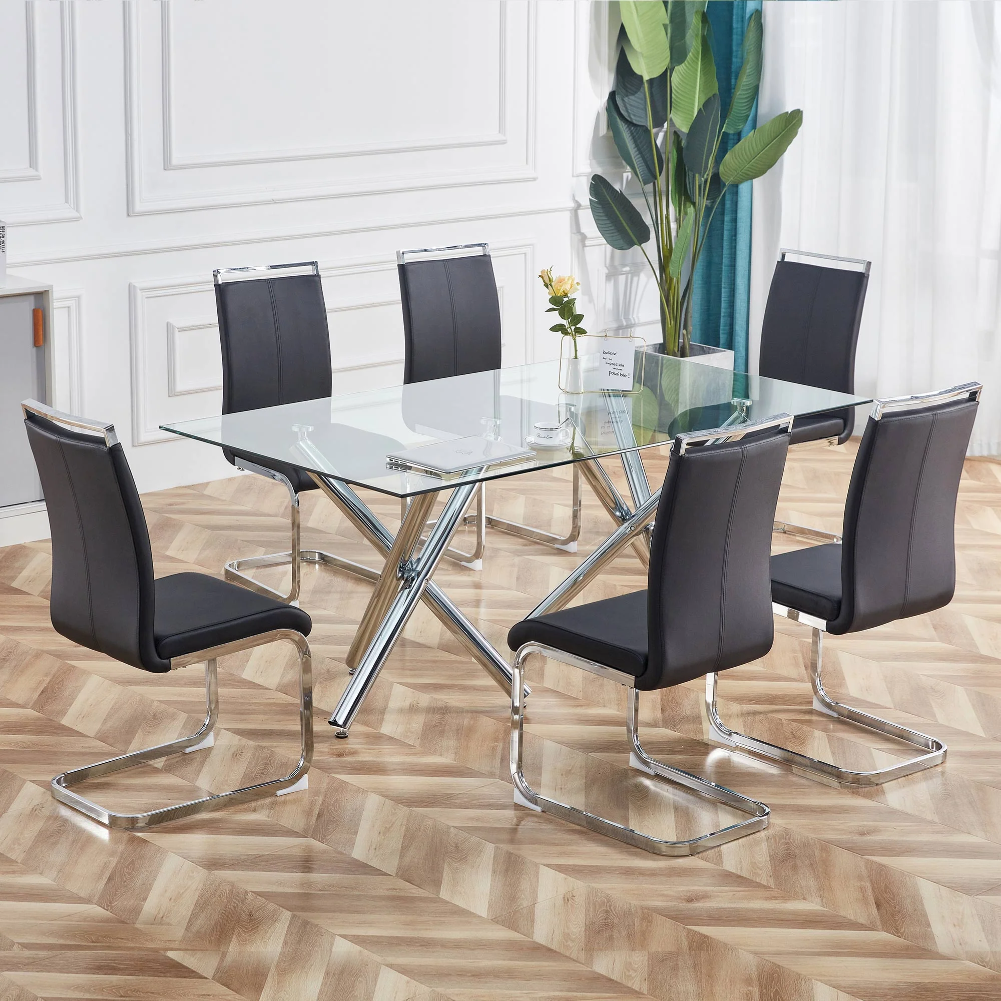 Cantilever Chair Set of 4, Padded Faux Leather Chrome Metal Frame 120kg, Black