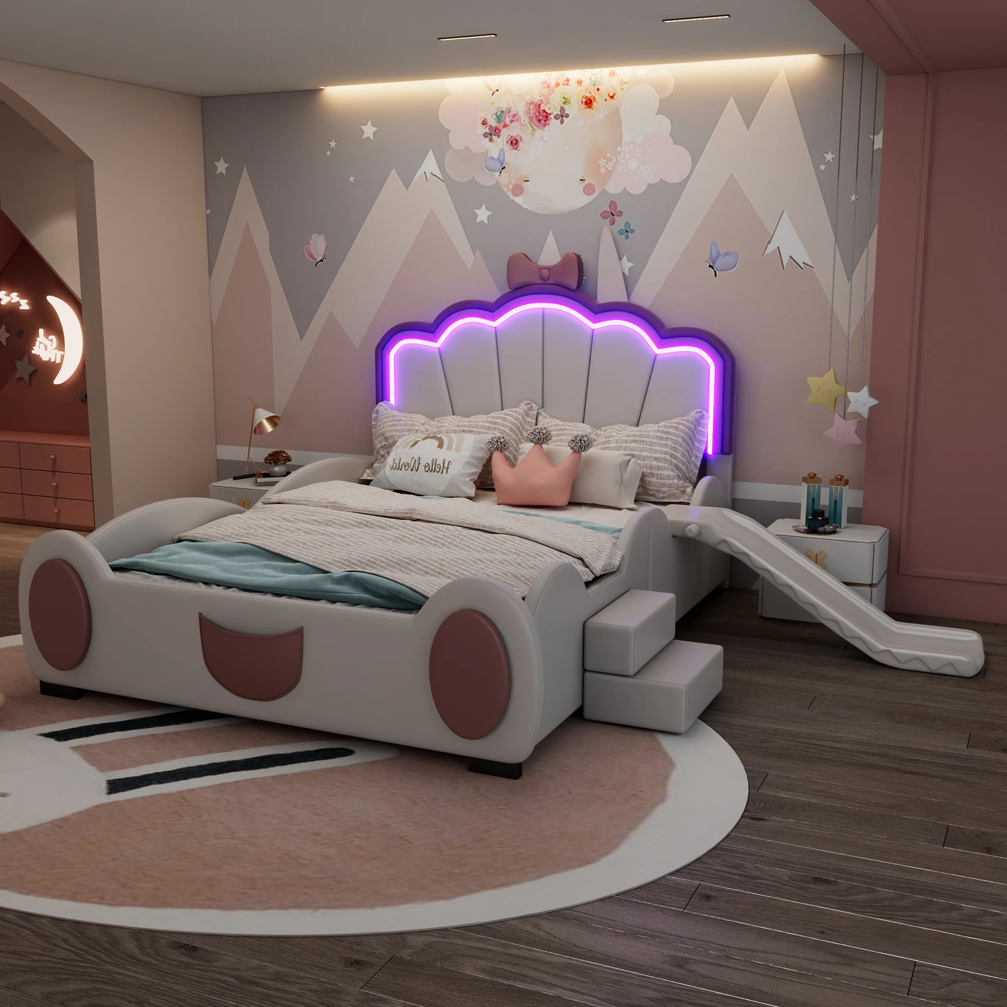 Cartoon Butterfly Bed 140x200cm LED Light Slide Ladder - Pink/White PU - Image 3