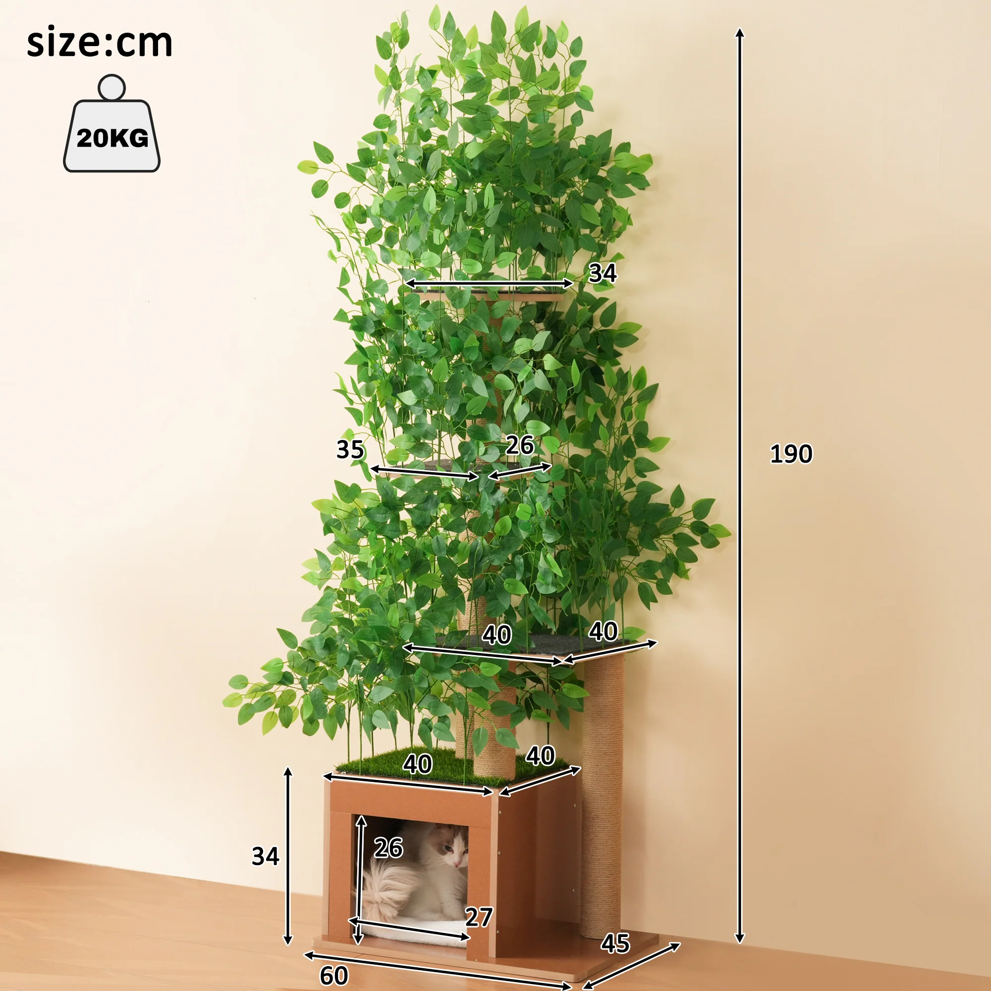 Cat Tree 190cm Tall Tree-Shaped 4 Platforms with Cat Holes Scratch-Resistant MDF - Image 9