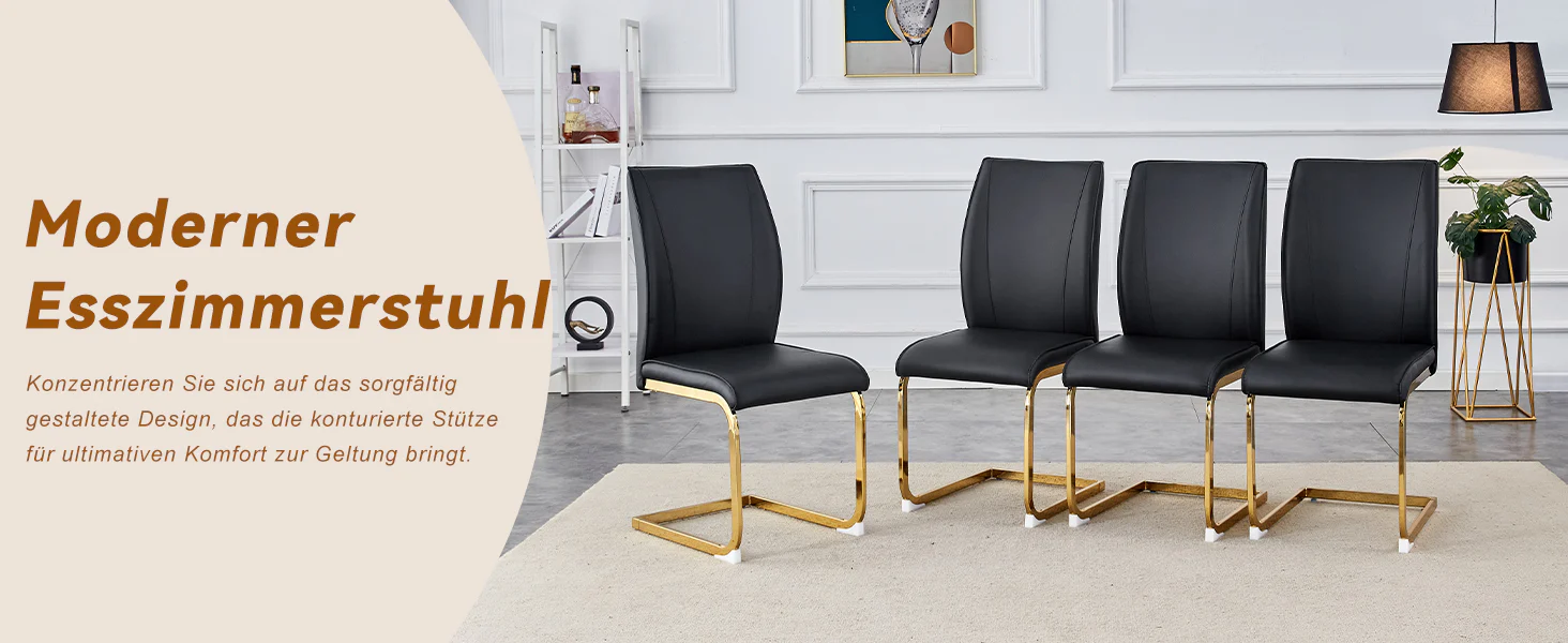 Chair Set 2-Piece Elegant Comfort PU Seat - Black/Gold Metal Legs - Image 10